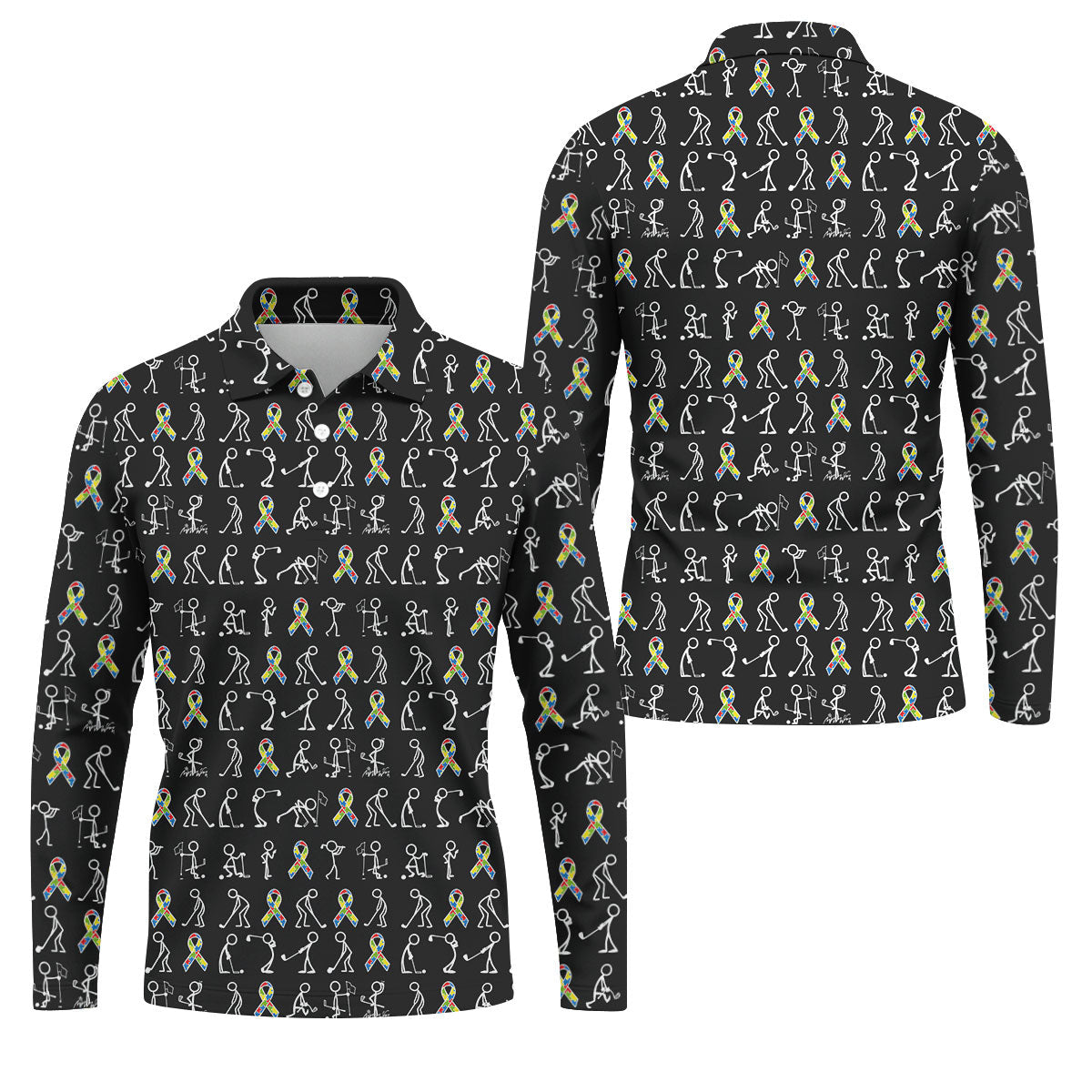 Stick Figure Golf Pose Autism Ribbon Black Golf Shirt, Autism Awareness Colors Golf Shirts For Men