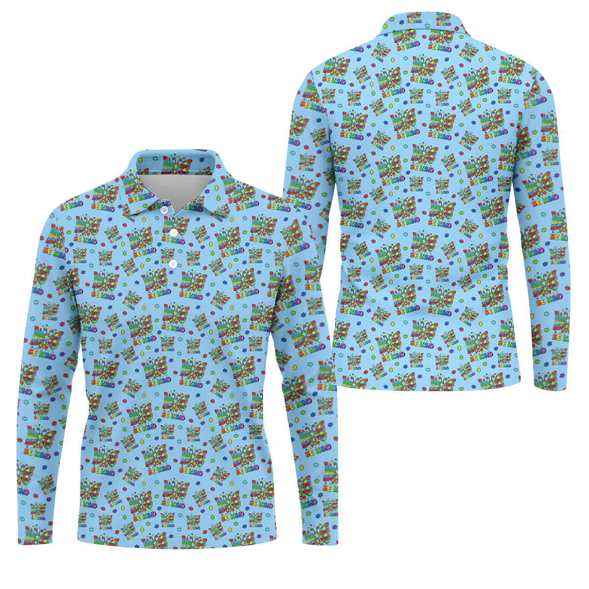 In A World Where You Can Be Anything Be Kind Rainbow Butterfly Autism Awareness Blue Golf Shirt, Golf Shirts For Men