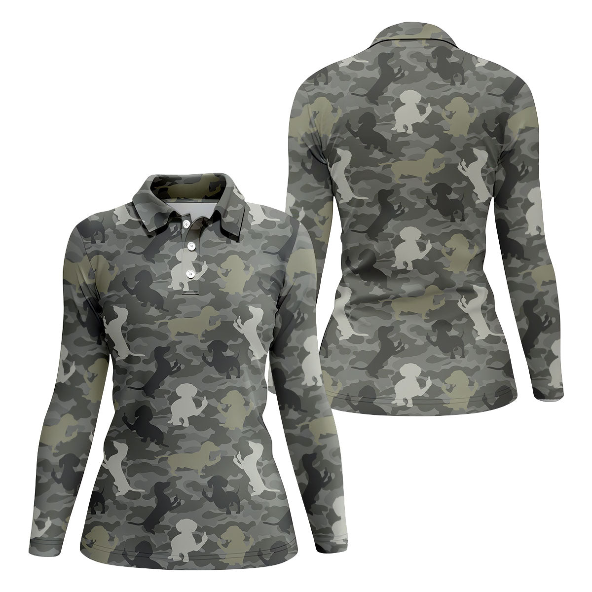 Grey Camo Poodle Dog Pattern Womens Golf Shirt, Womens Polo Shirt, Golf Shirt For Women