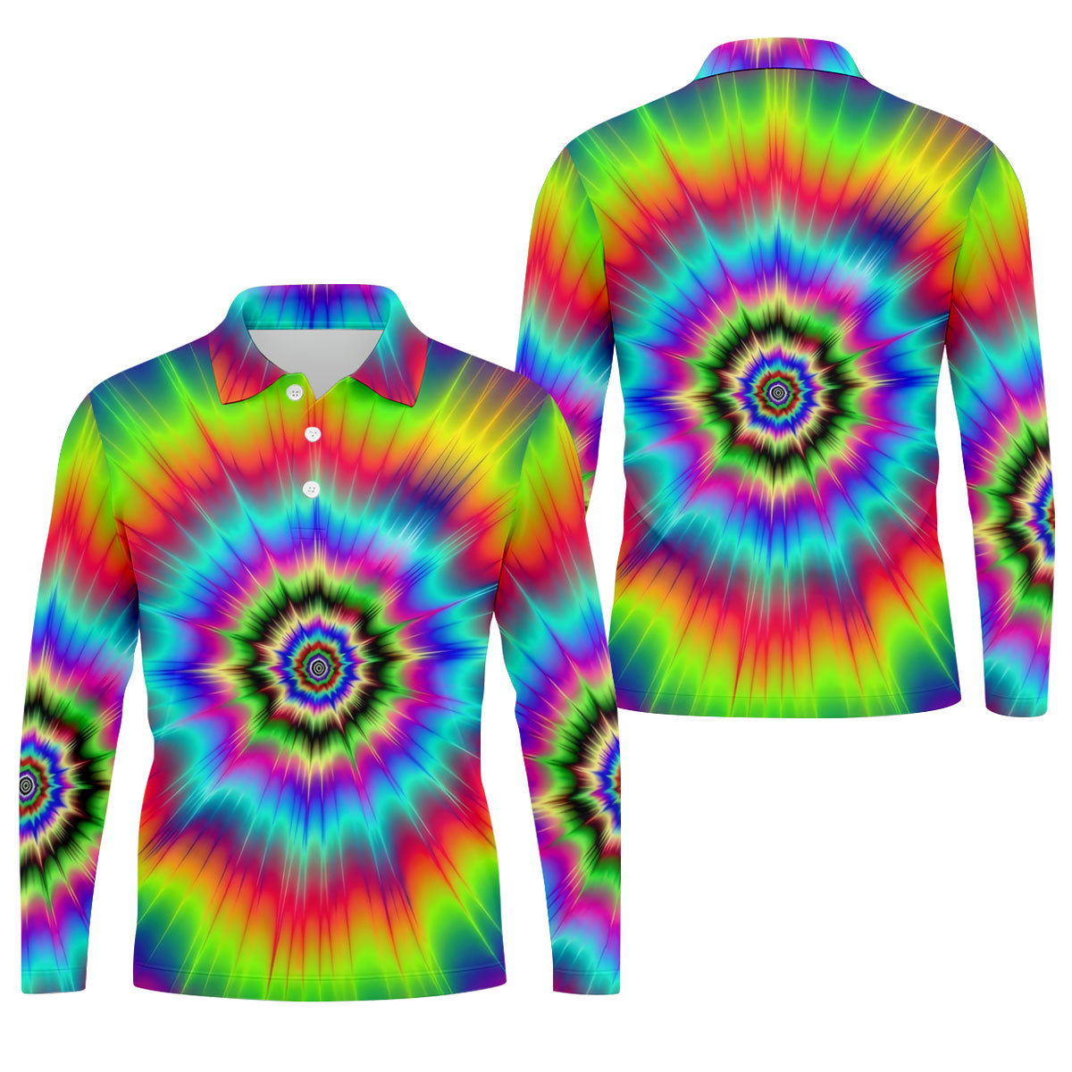 Rainbow Tie Dye Golf Shirt, Psychedelic Spiral Burst Pattern, Golf Shirt For Men