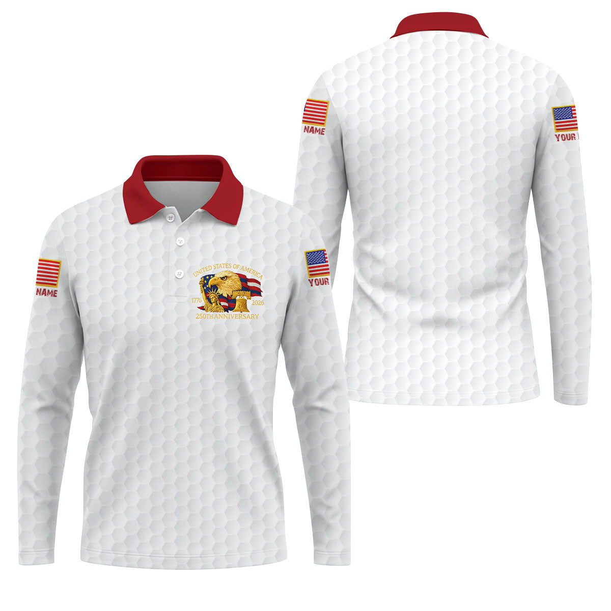 United States 250th Anniversary Patriotic Eagle White Custom Golf Shirts, 4th Of July Golf Shirts For Men