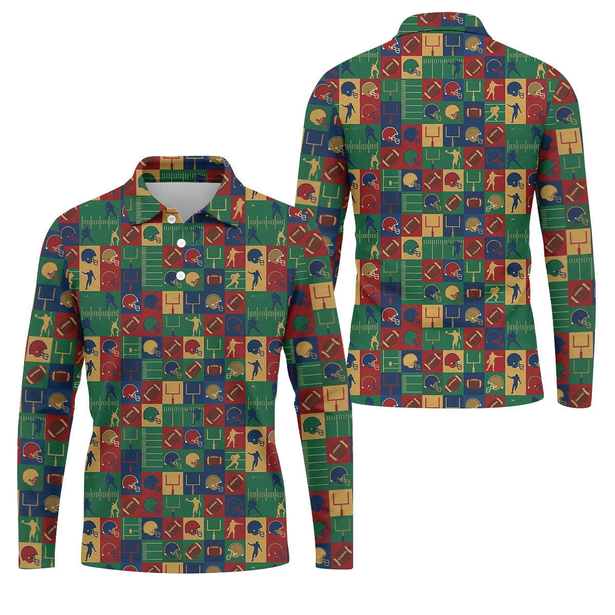 Football Pattern Square Grid Sport Polo, American Football Shirt, Game Day Football Theme Polo For Men