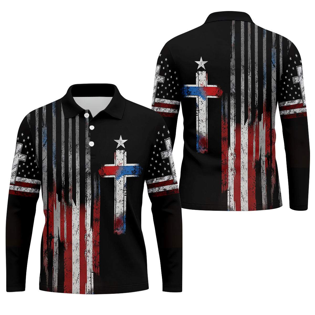 Faith Cross US Flag Golf Shirt, 250 Years Retro Golf Shirt, Patriotic 4th Of July Polo Shirt Men