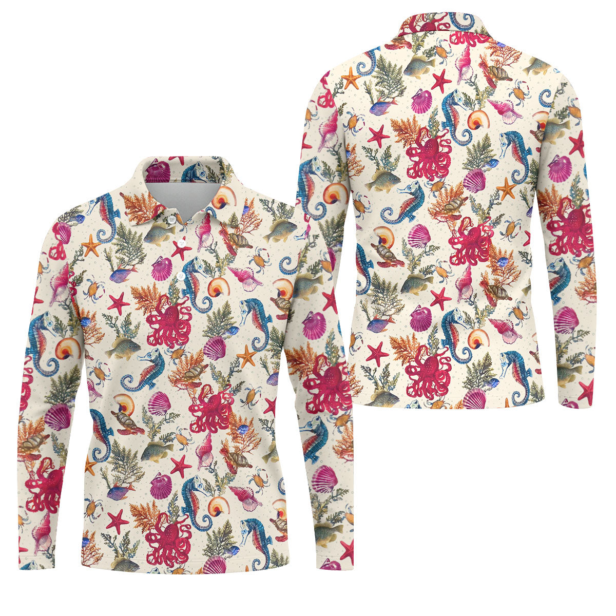 Marine Life Coral Reef Pattern Design Hawaiian Golf Shirt, Golf Shirts For Men, Polo Shirts For Men