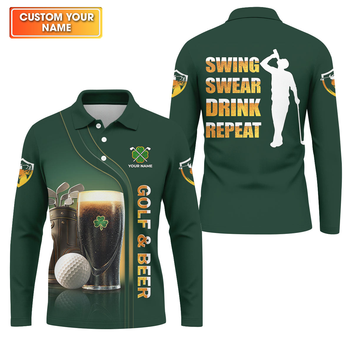 Swing Swear Drink Repeat Golf And Beer St Patrick's Day Green Golf Tops For Men, Golf Shirts For Men