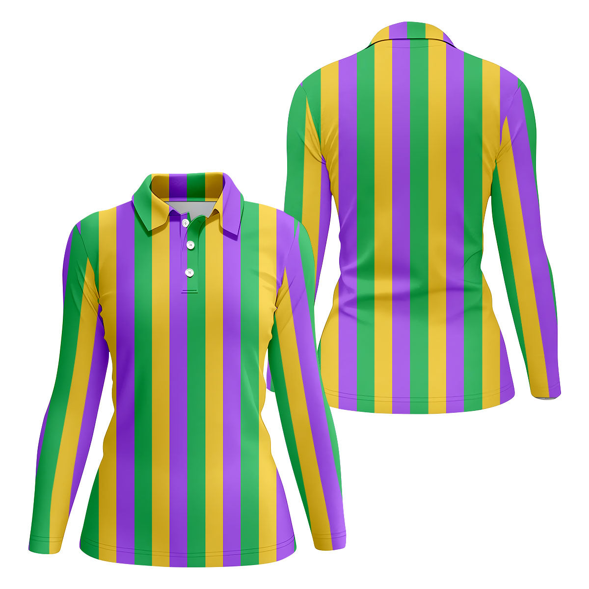 Green Gold Purple Vertical Stripe Mardi Gras Golf Shirt, Women's Golf Shirts, Ladies Golf Polos