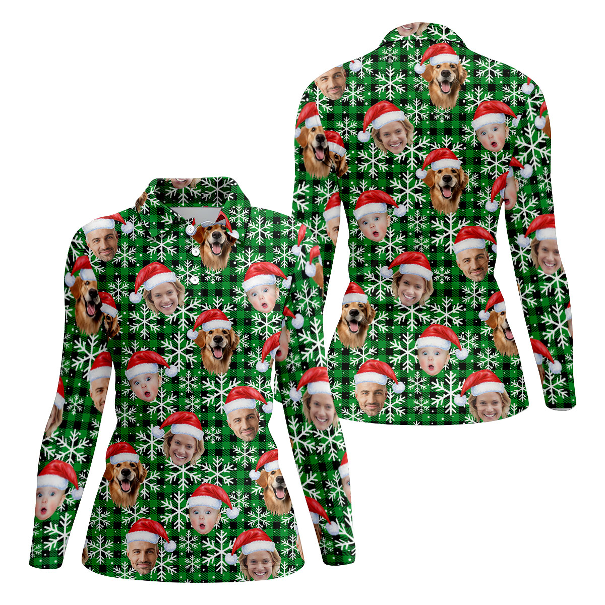 Custom Face Green And Black Checkered Christmas Golf Shirt, Ladies Golf Shirts, Golf Gifts For Women