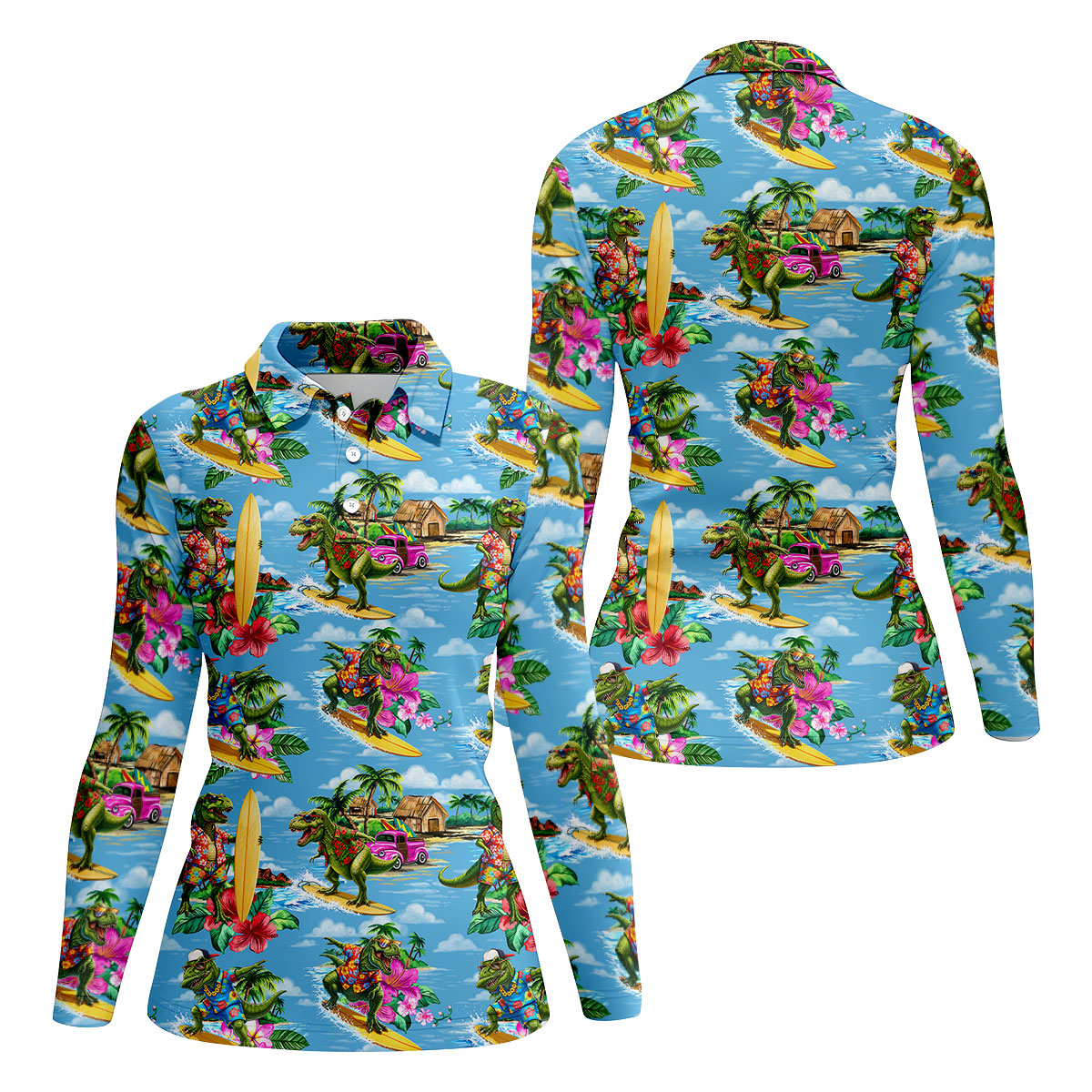 Hawaiian T Rex Surfboard Beach Hawaiian Golf Shirt, Golf Polo For Women, Printed Golf Shirt