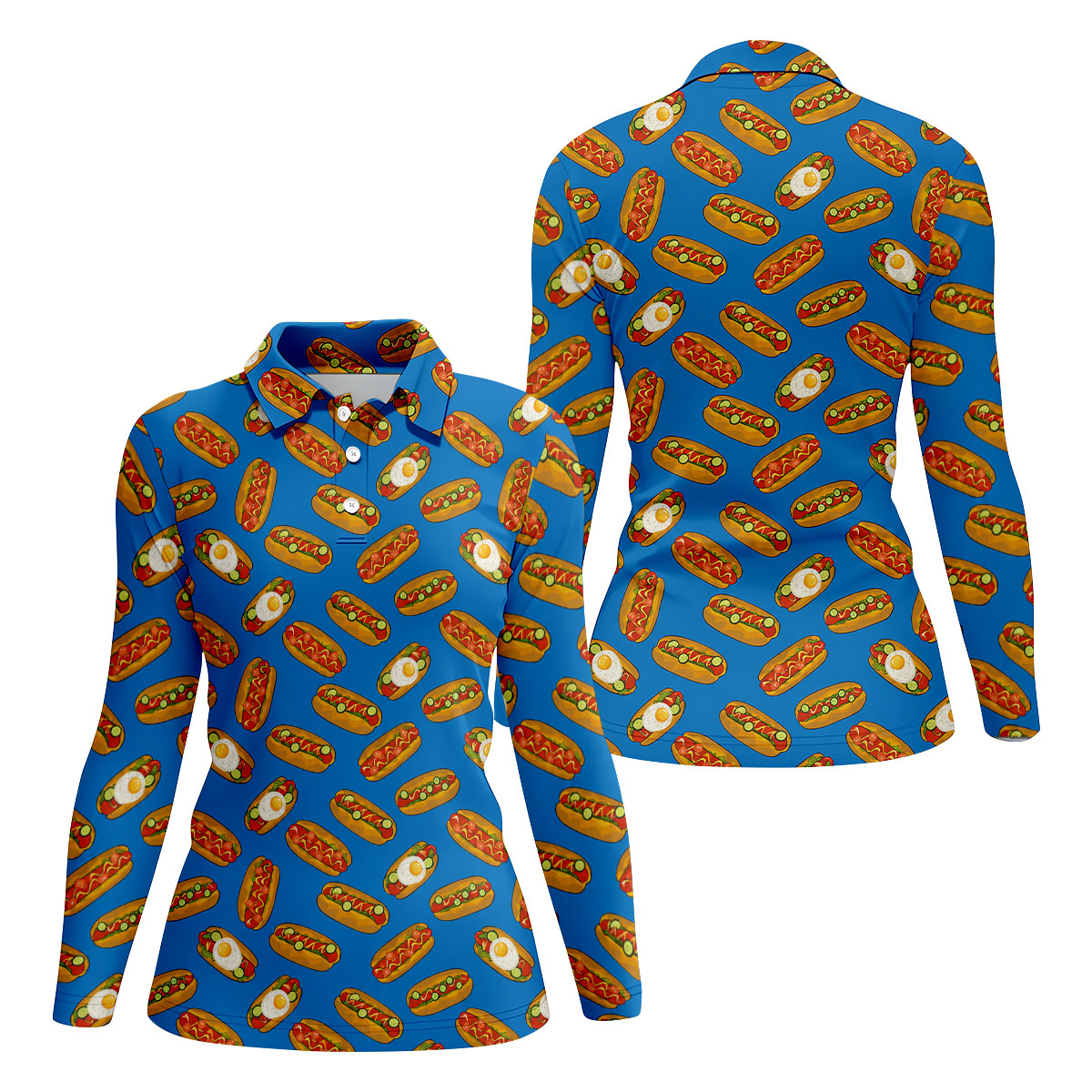 Blue Hot Dog And Fried Egg Pattern Golf Shirt, Hawaiian Golf Shirt, Golf Tops For Women, Printed Golf Shirt