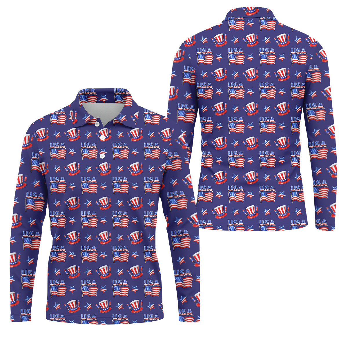 Waving Flags Uncle Sam Hats Seamless Pattern 250th Anniversary Golf Shirts For Men, Patriotic Golf Shirt