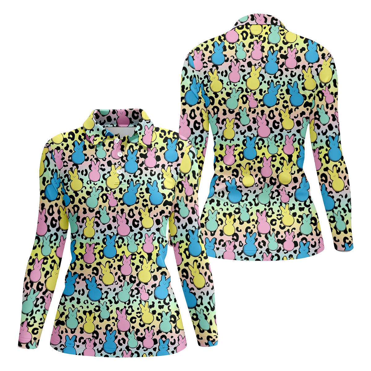 Pastel Easter Bunny Leopard Print Polo Shirt, Women’s Golf Apparel, Hawaiian Golf Shirt, Printed Golf Shirt
