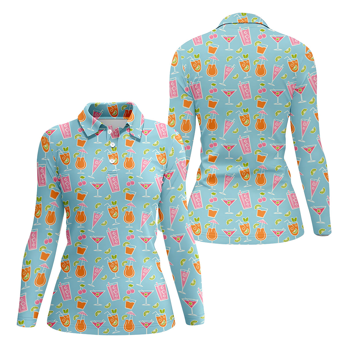 Tropical Cocktail Drinks Pattern Golf Shirt, Women’s Golf Apparel, Golf Tops For Women
