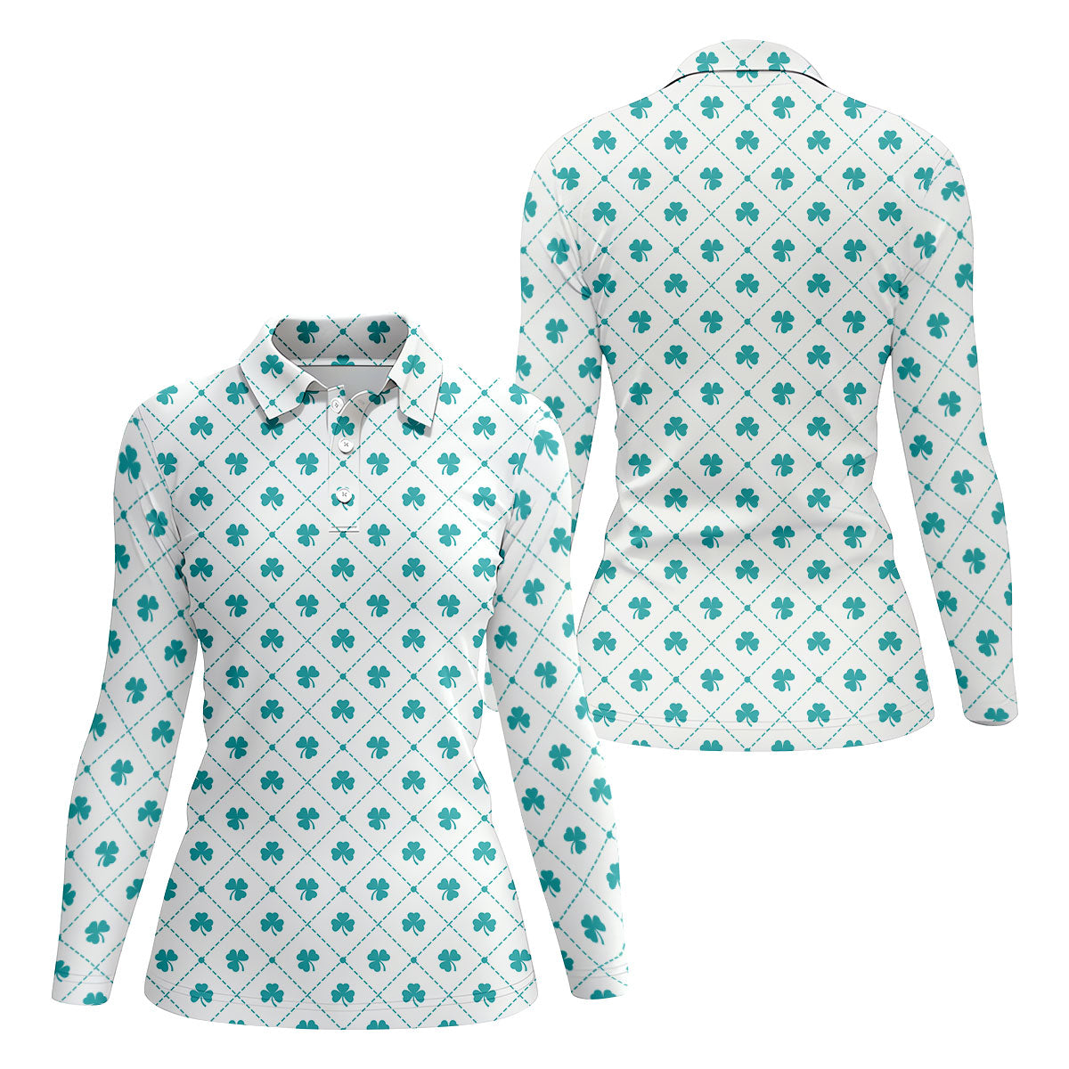 Grid Pattern Shamrock Golf Shirt, St Patrick's Day Women's Golf Tops, Ladies Golf Polos, Golf Shirt For Women