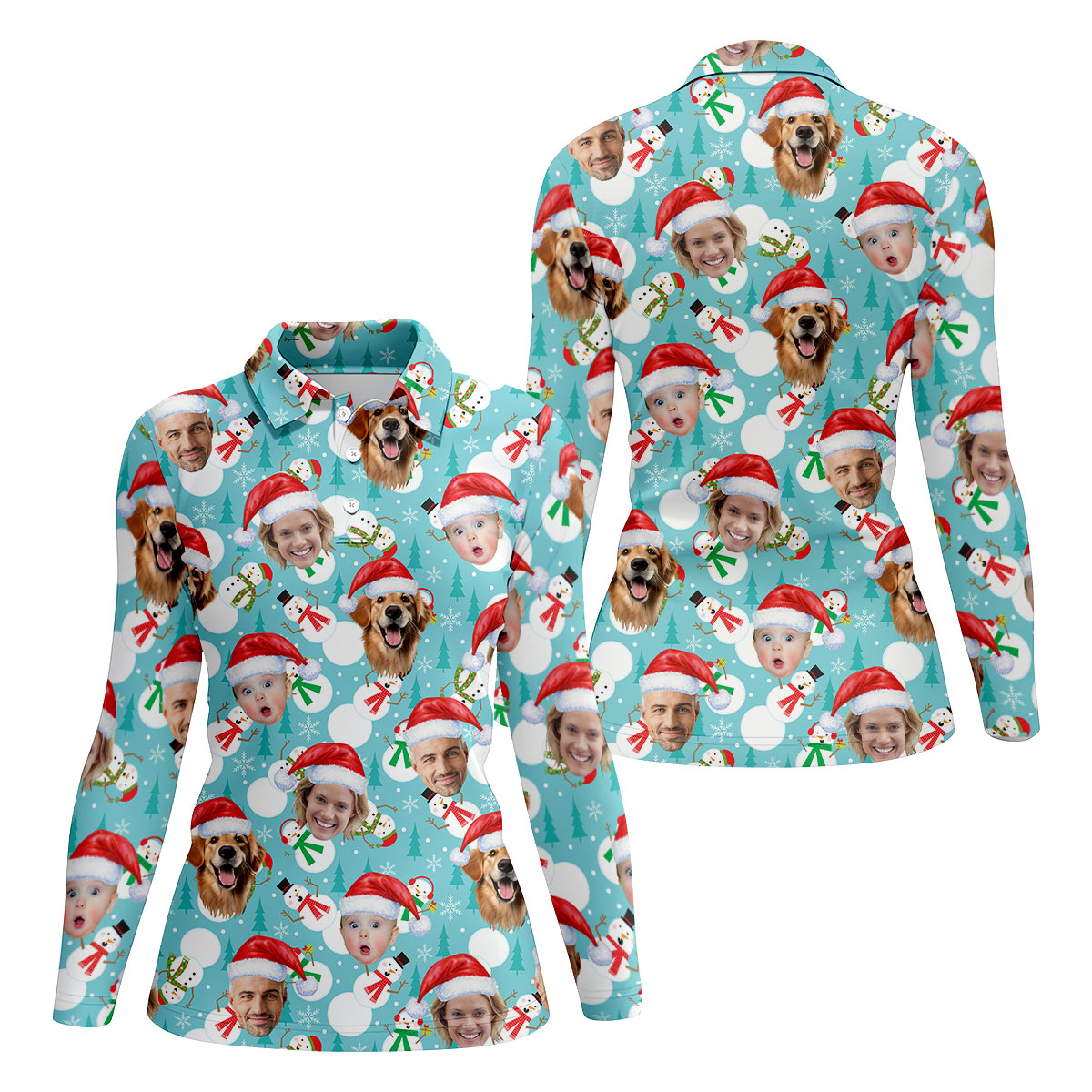 Custom Face Cute Snowman Ice Blue Christmas Golf Shirt, Ladies Golf Tops, Golf Gifts For Women