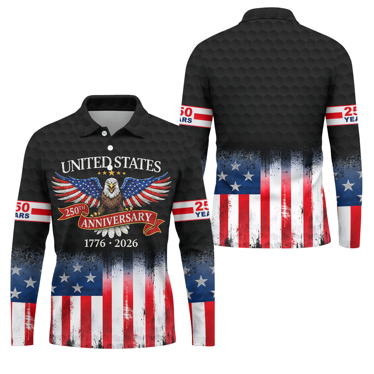 US Bald Eagle 250th Anniversary Celebration Ribbon Black Golf Shirt, Patriotic 4th Of July Golf Shirts For Men