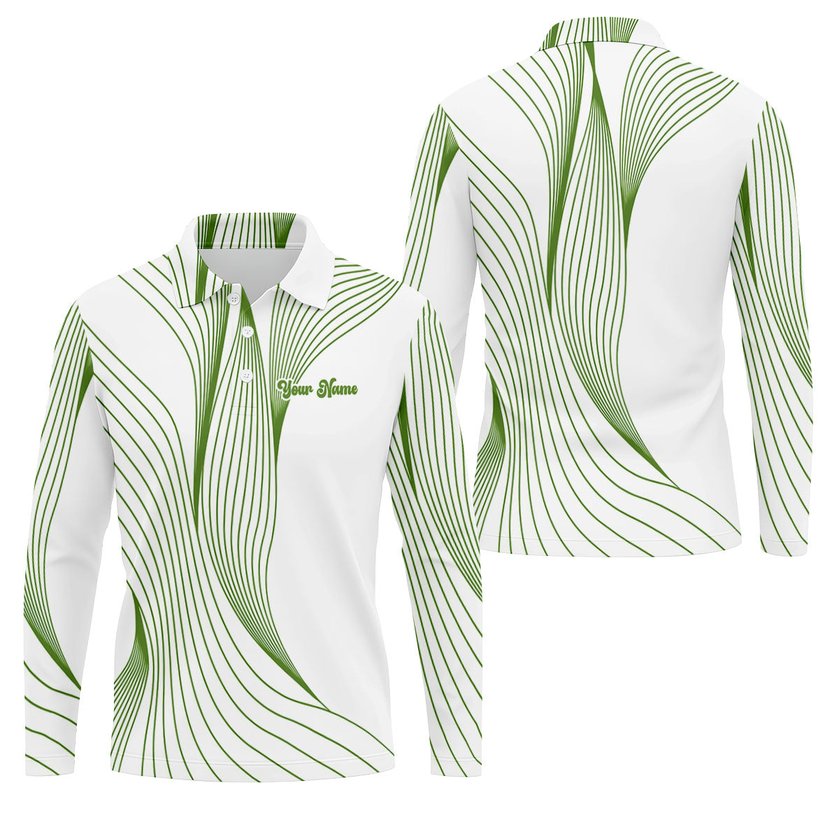 Geometric Line Wavy Line Green And White Custom Name Golf Shirts For Men, Men's Golf Shirt, Polo Shirt Men
