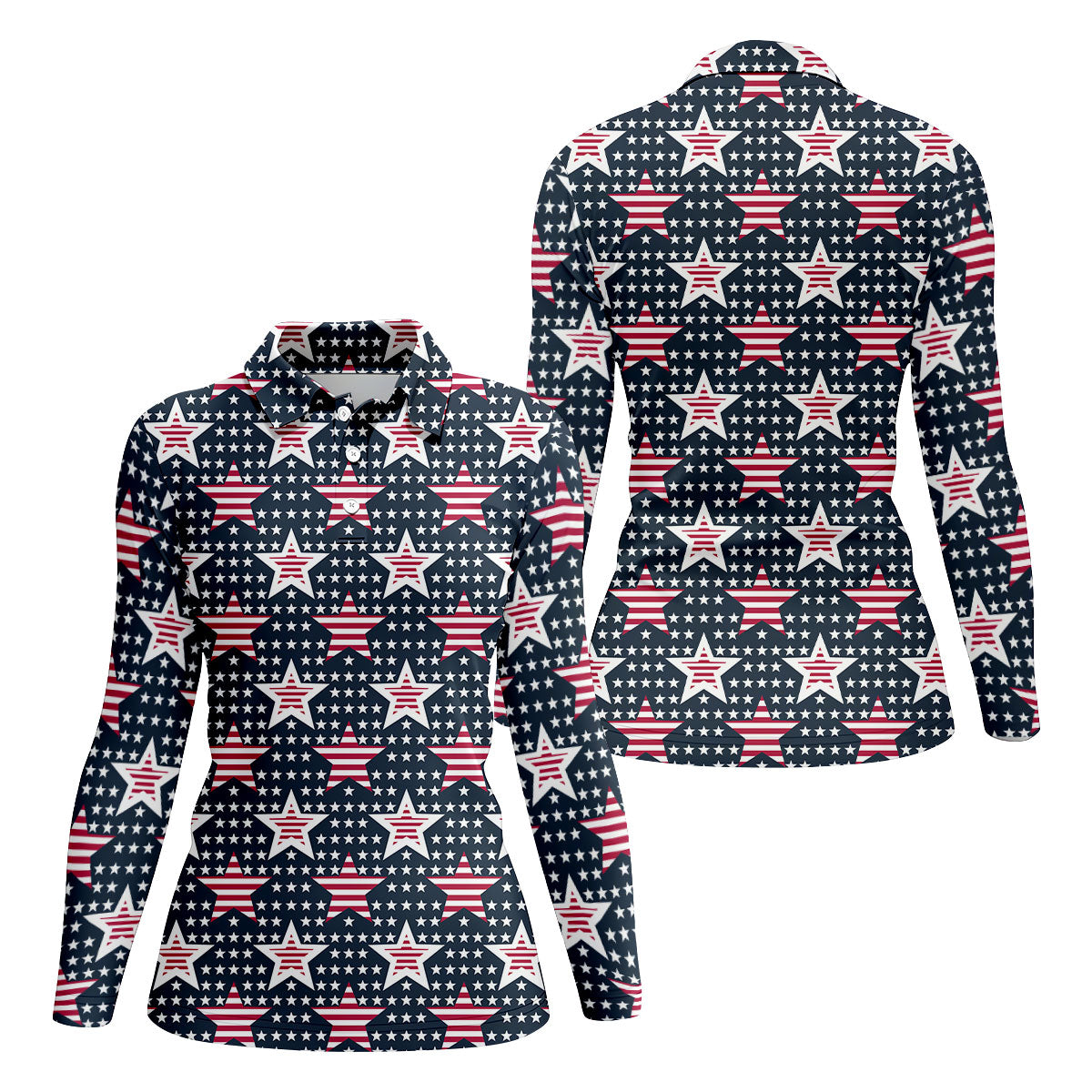 Red And White Stripe Stars Seamless Pattern 250th Anniversary Golf Shirt For Women, Patriotic Golf Shirt