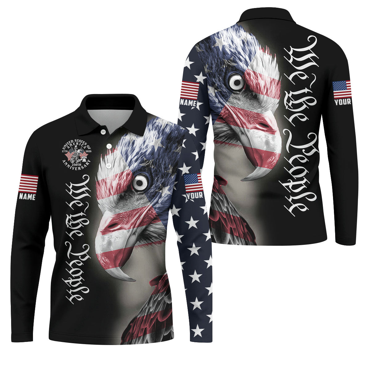 We The People Patriotic Bald Eagle 250 Years American Flag Golf Shirt, 250 Years 4th Of July Golf Shirts For Men