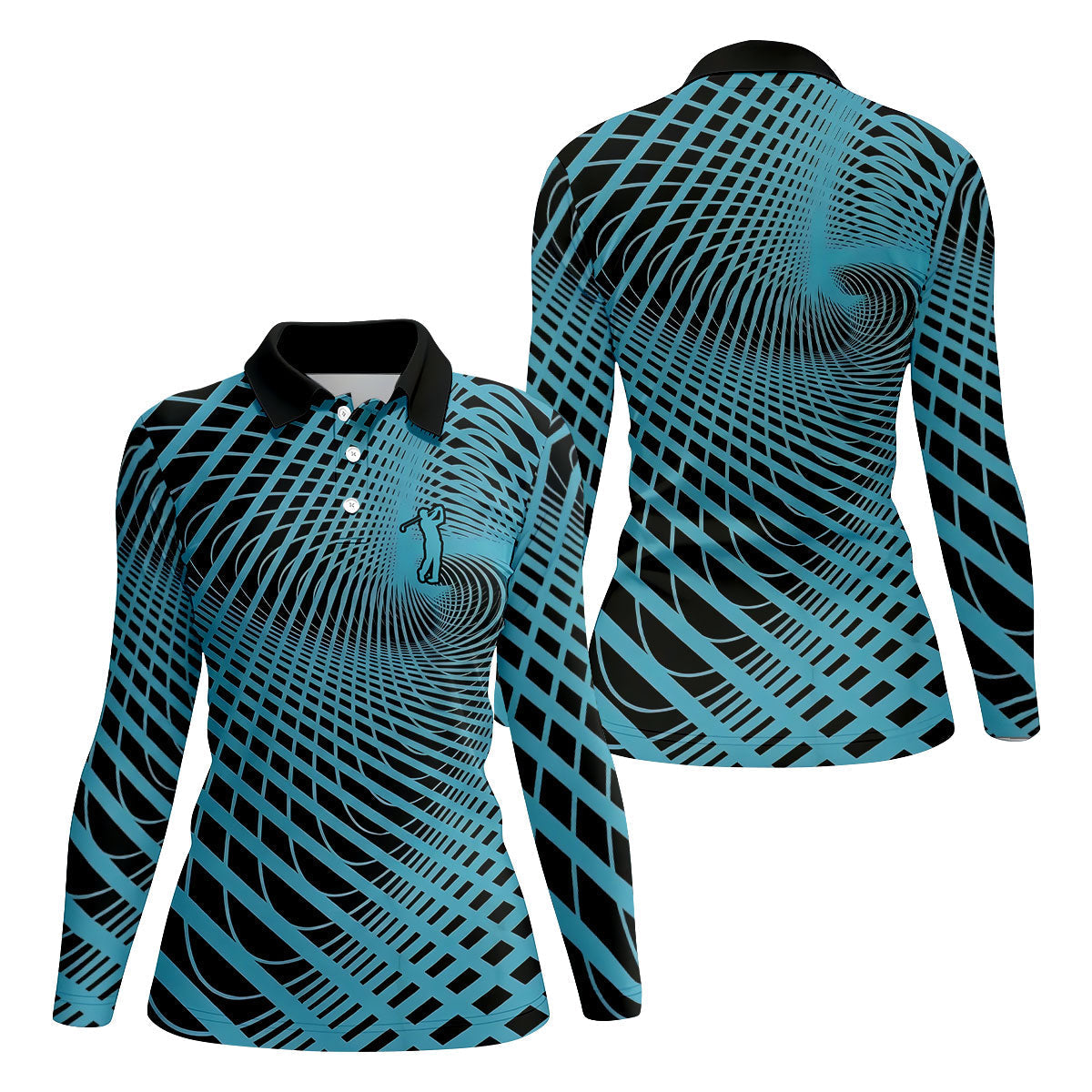 Swirling Vortex Black And Light Blue Women's Golf Tops, Ladies Golf Shirts, Ladies Golf Polos