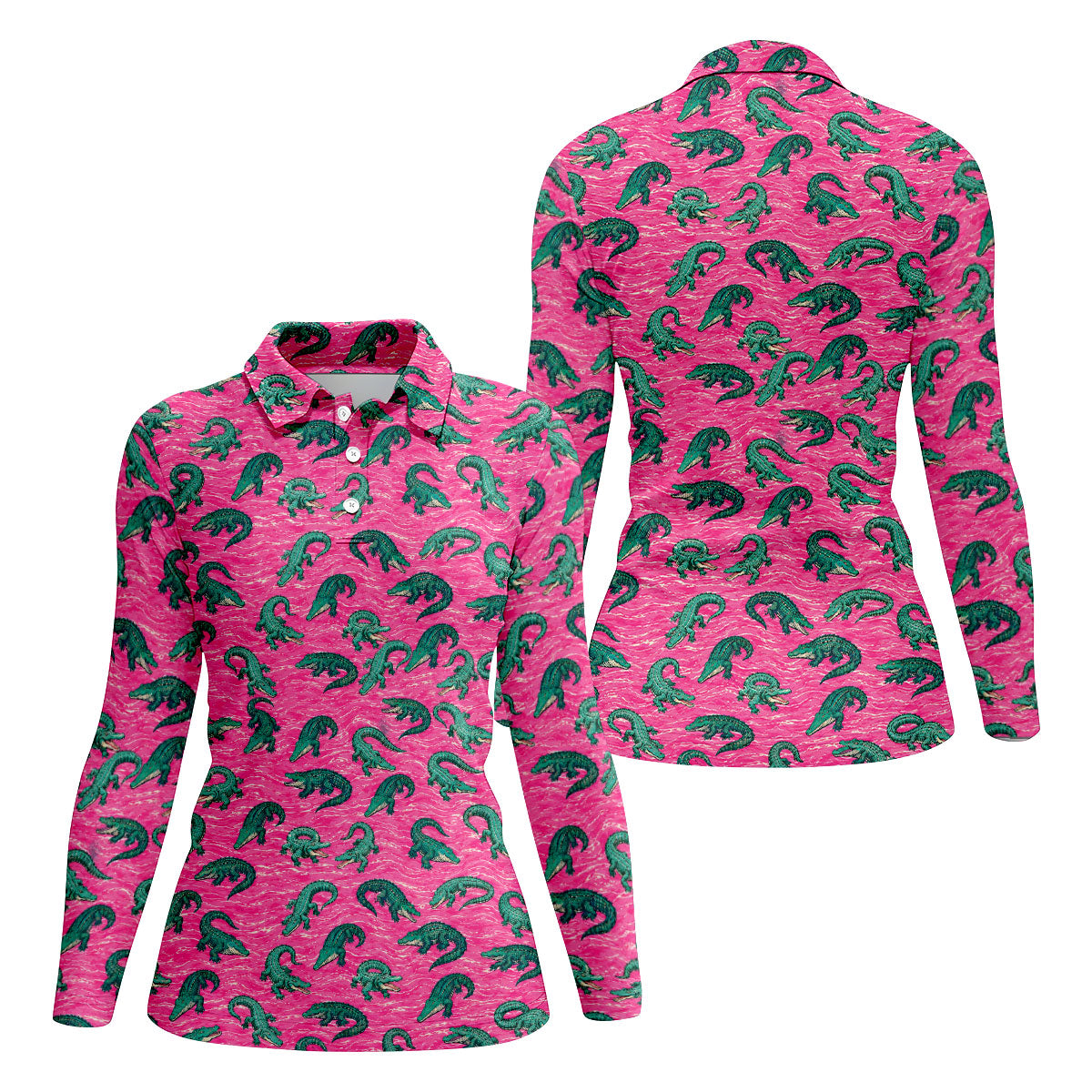 Alligator Pattern Golf Shirt, Pink Gator Print Men's Golf Polo, Polo Shirts For Women
