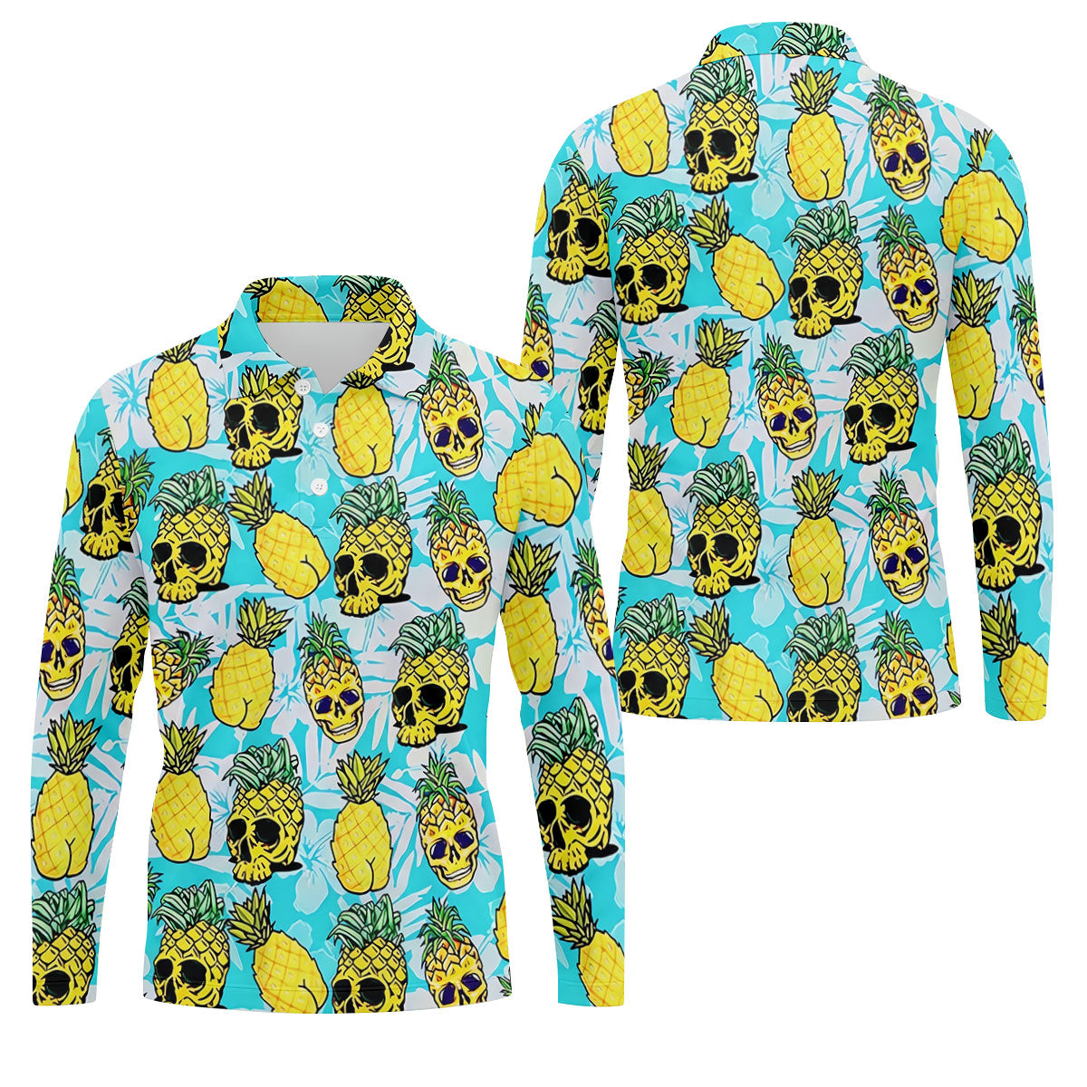 Tropical Pineapple Skull Pattern Golf Shirt, Mens Golf Shirts, Hawaiian Golf Shirt, Golf Apparel For Men