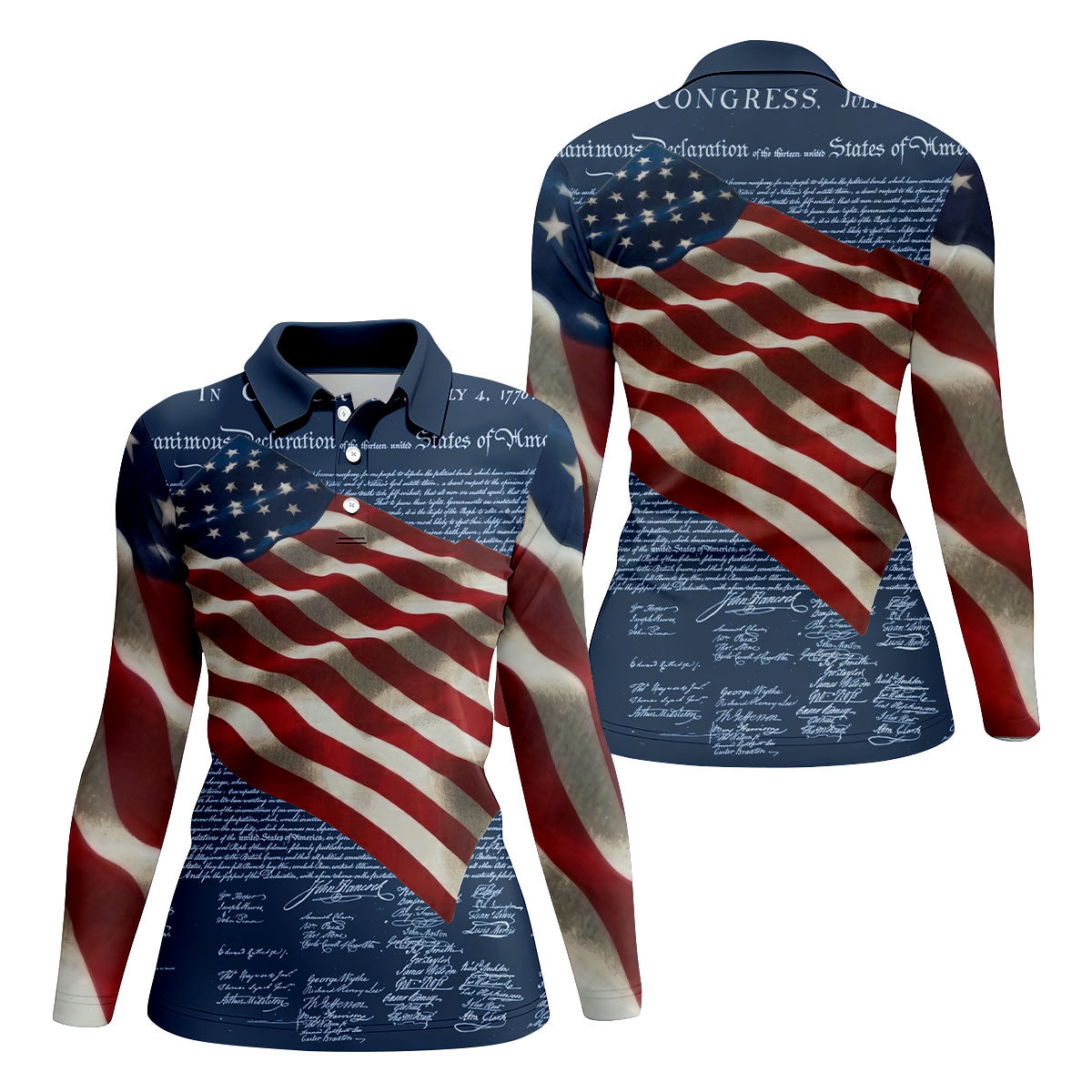 Patriotic American Flag Declaration Of Independence 4th Of July Navy Golf Shirt, 250th Anniversary Ladies Golf Shirts