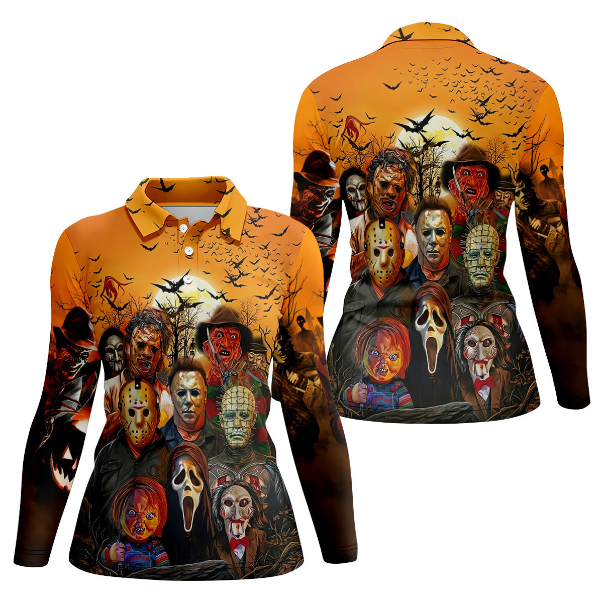 Halloween Horror Character Sunset Hawaiian Golf Shirt, Women's Golf Tops, Printed Golf Shirt