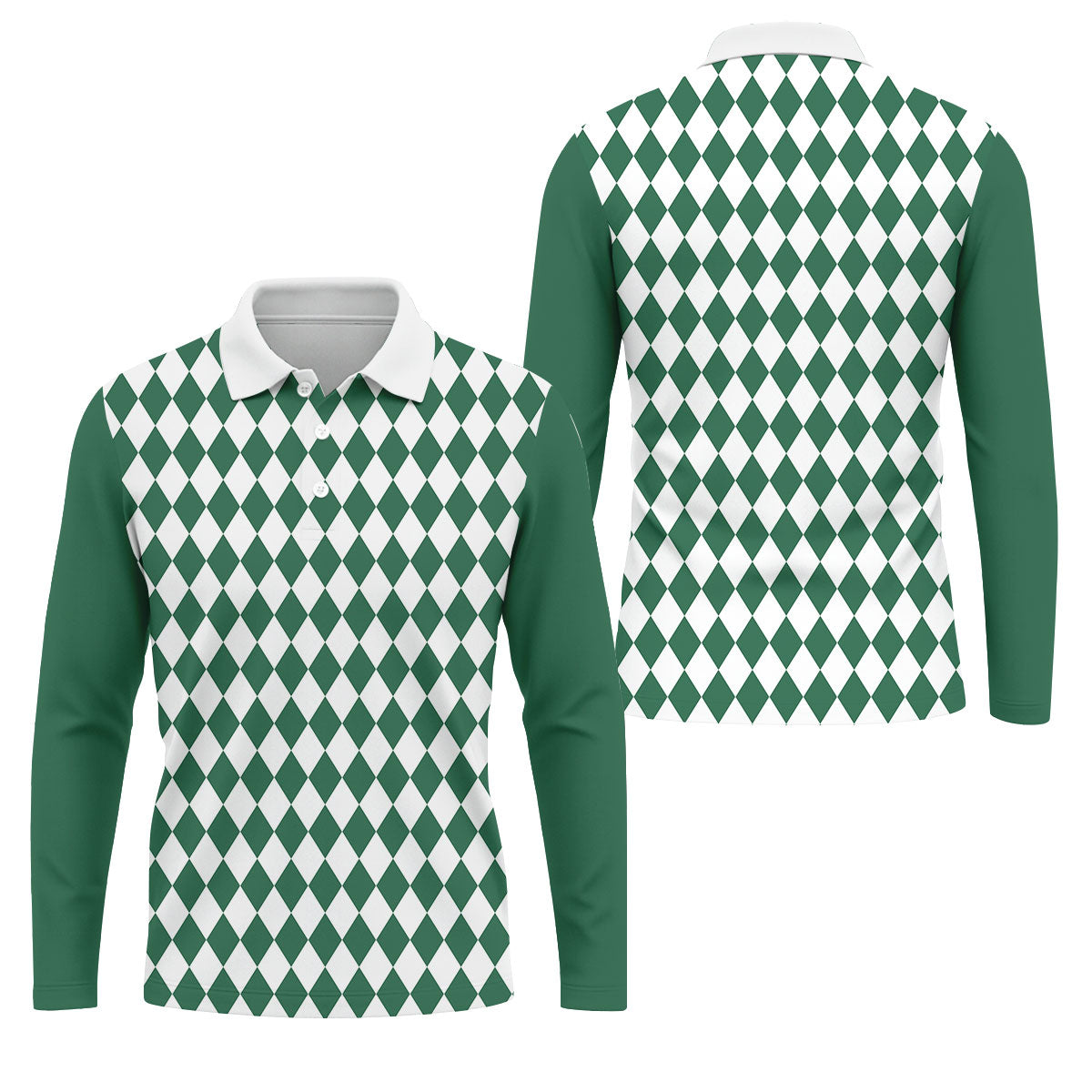 Green And White Argyle Pattern Retro Golf Shirt, Golf Tops For Men, Golf Shirts For Men, Polo For Men