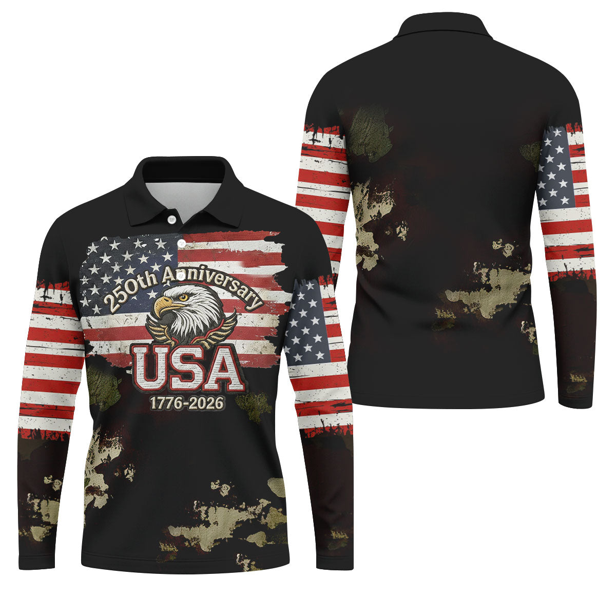 250th Anniversary USA 1776-2026 Distressed Flag Men's Golf Polo ShirtPatriotic 4th Of July Golf Shirt