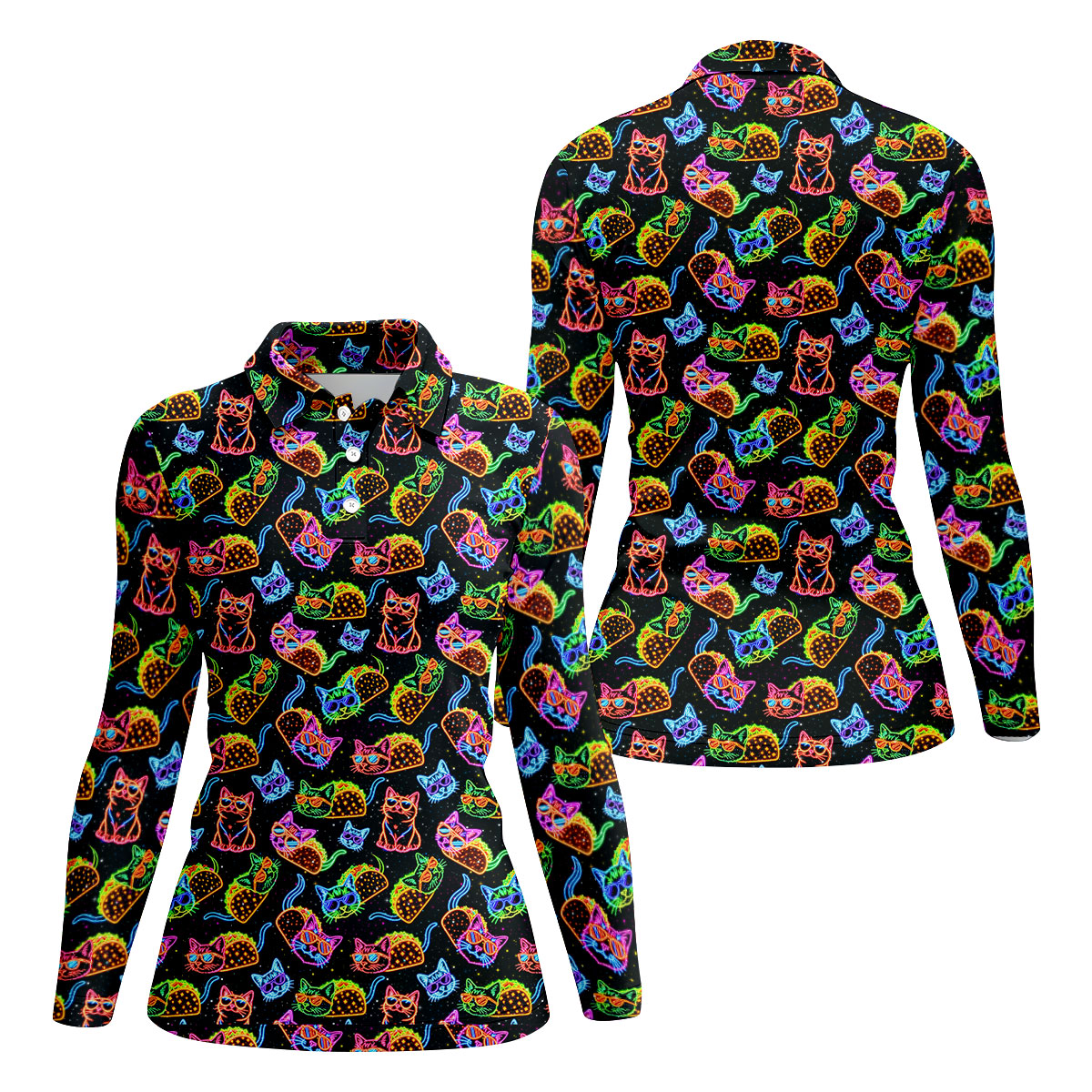Neon Cats Tropical Vibe Women's Golf Tops, Cute Golf Outfit, Ladies Golf Shirts, Golf Shirt For Women