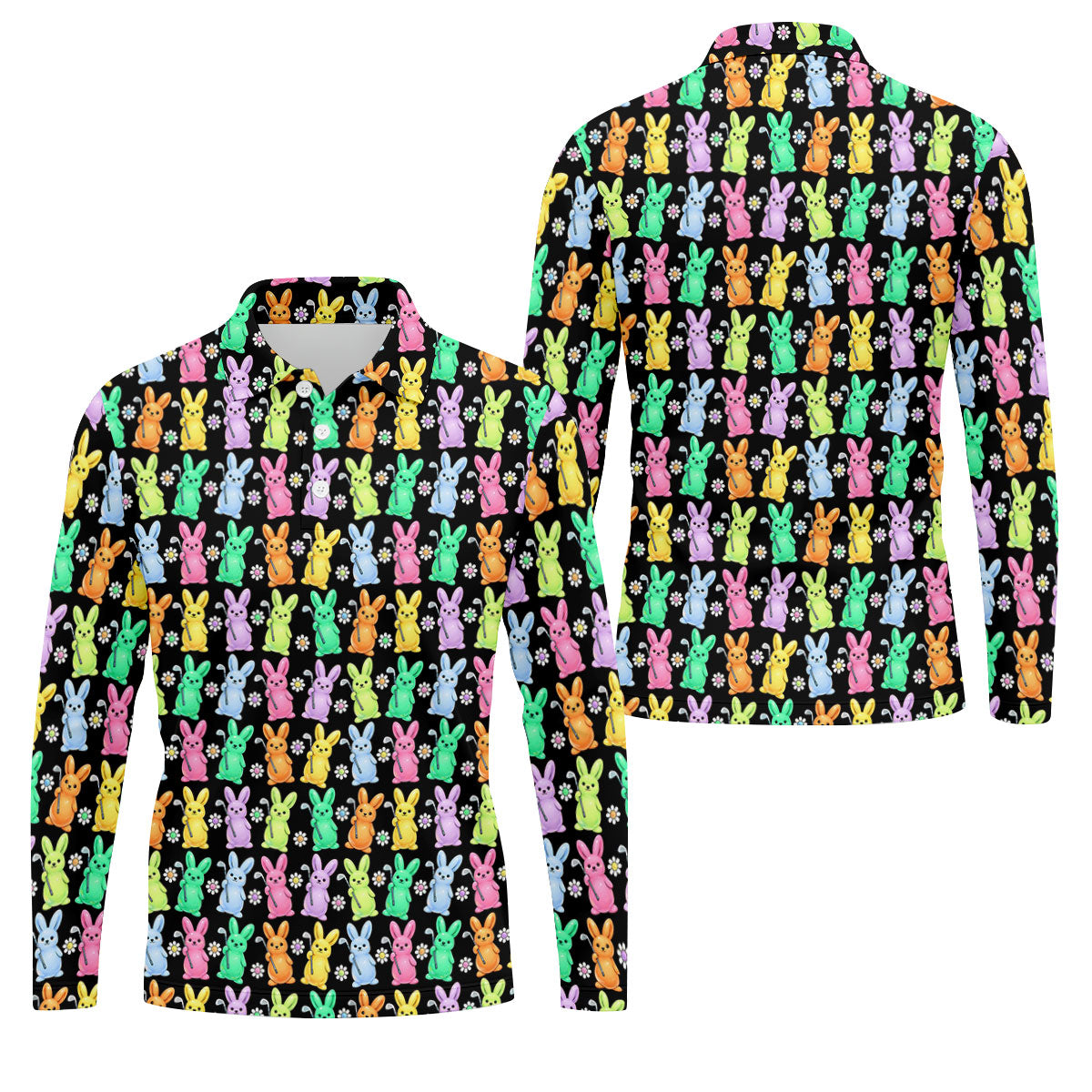 Colorful Easter Bunny Black Golf Shirt, Cute Golf Outfit, Golf Shirts For Men, Golf Gift For Men