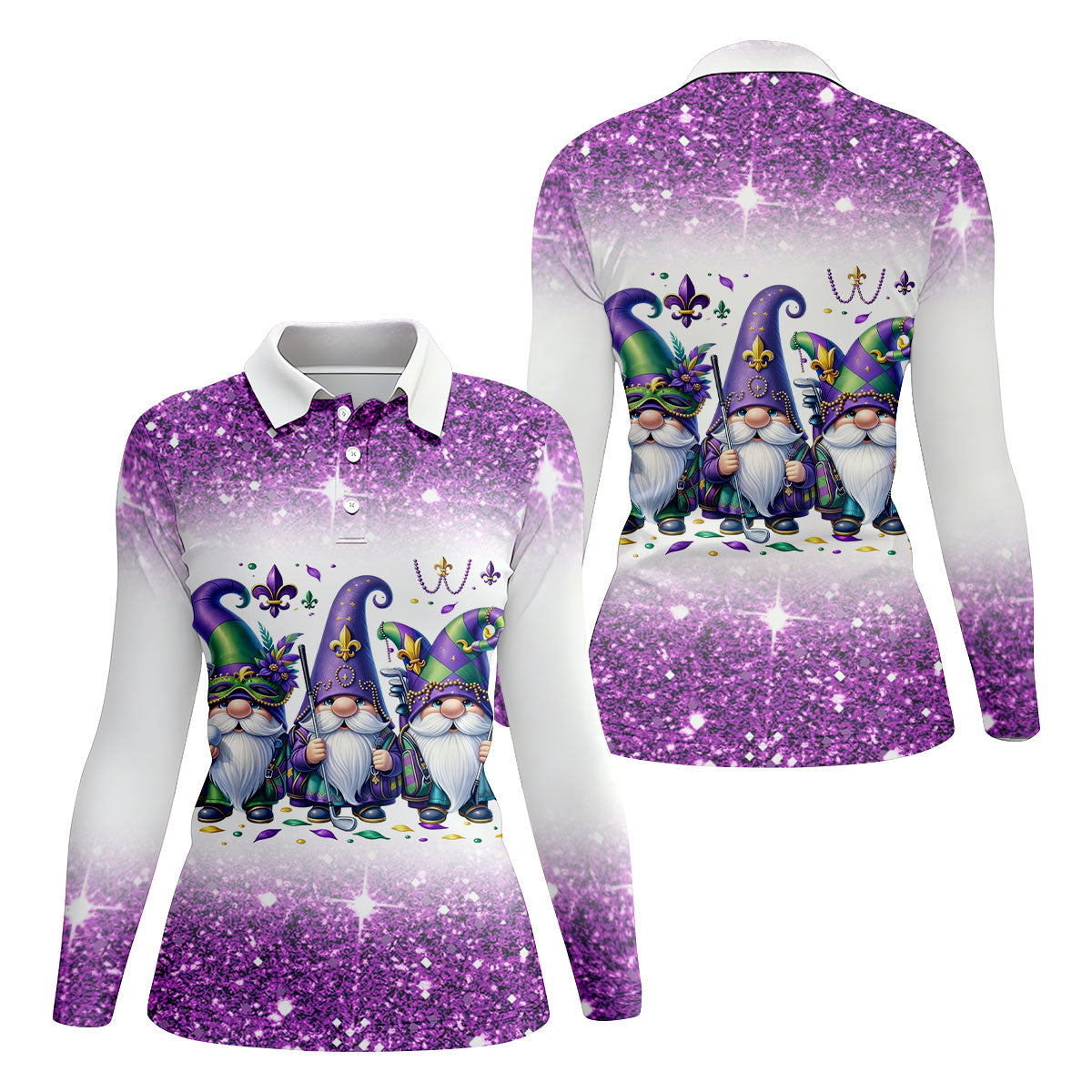 Mardi Gras Gnomes Fleur De Lis Glitter Effect Ladies Golf Tops, Women's Golf Shirts, Ladies Golf Polos