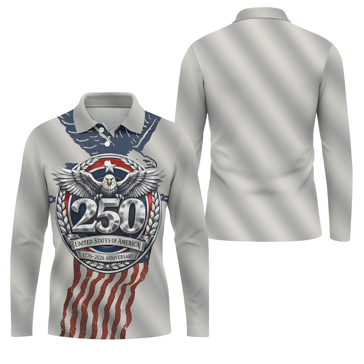 250 US 1776-2026 Anniversary Silver Print Golf Tops For Men, Patriotic 4th Of July Golf Shirts For Men