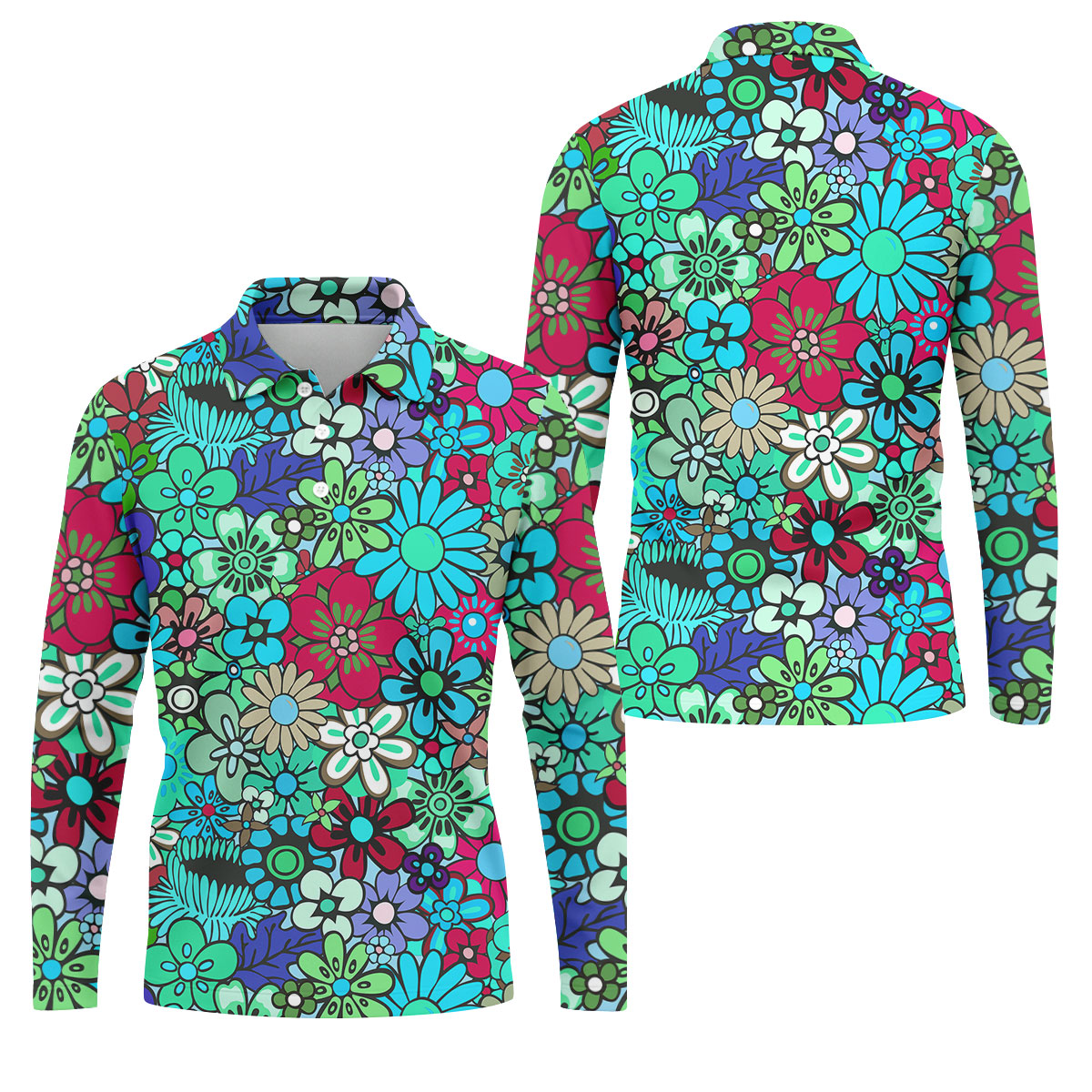 Blue Green Retro Flower Power Golf Shirt, Mens Golf Shirts, Hawaiian Golf Shirt, Golf Shirts For Men