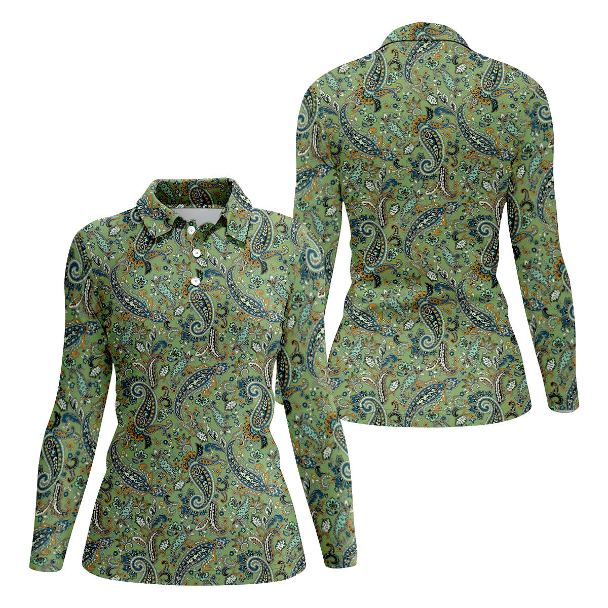 Paisley Vintage Earth Green Women's Golf Tops, Ladies Golf Polos, Golf Shirt For Women