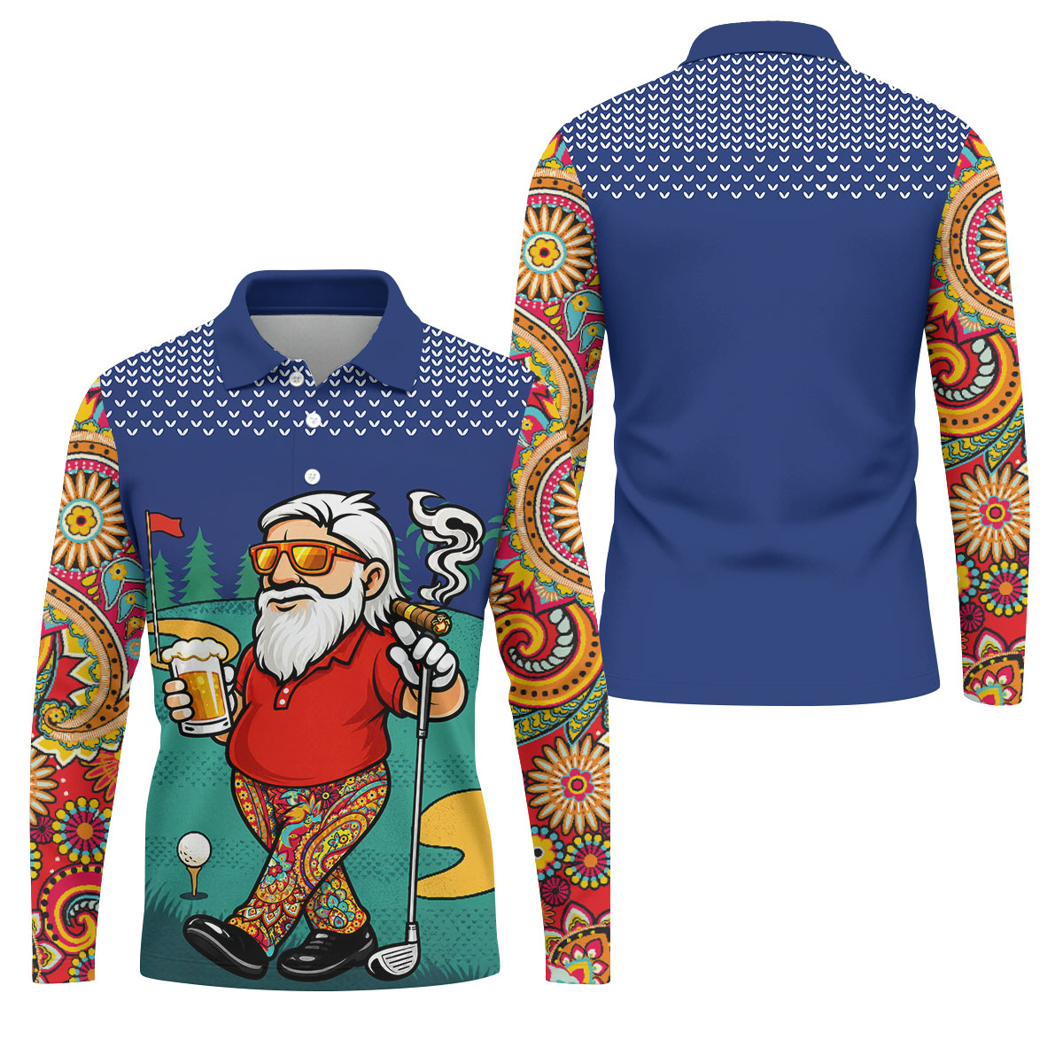 Men's Funny Golf Santa Beer And Cigar Polo Shirt, Mens Golf Polo, Golf Apparel For Men