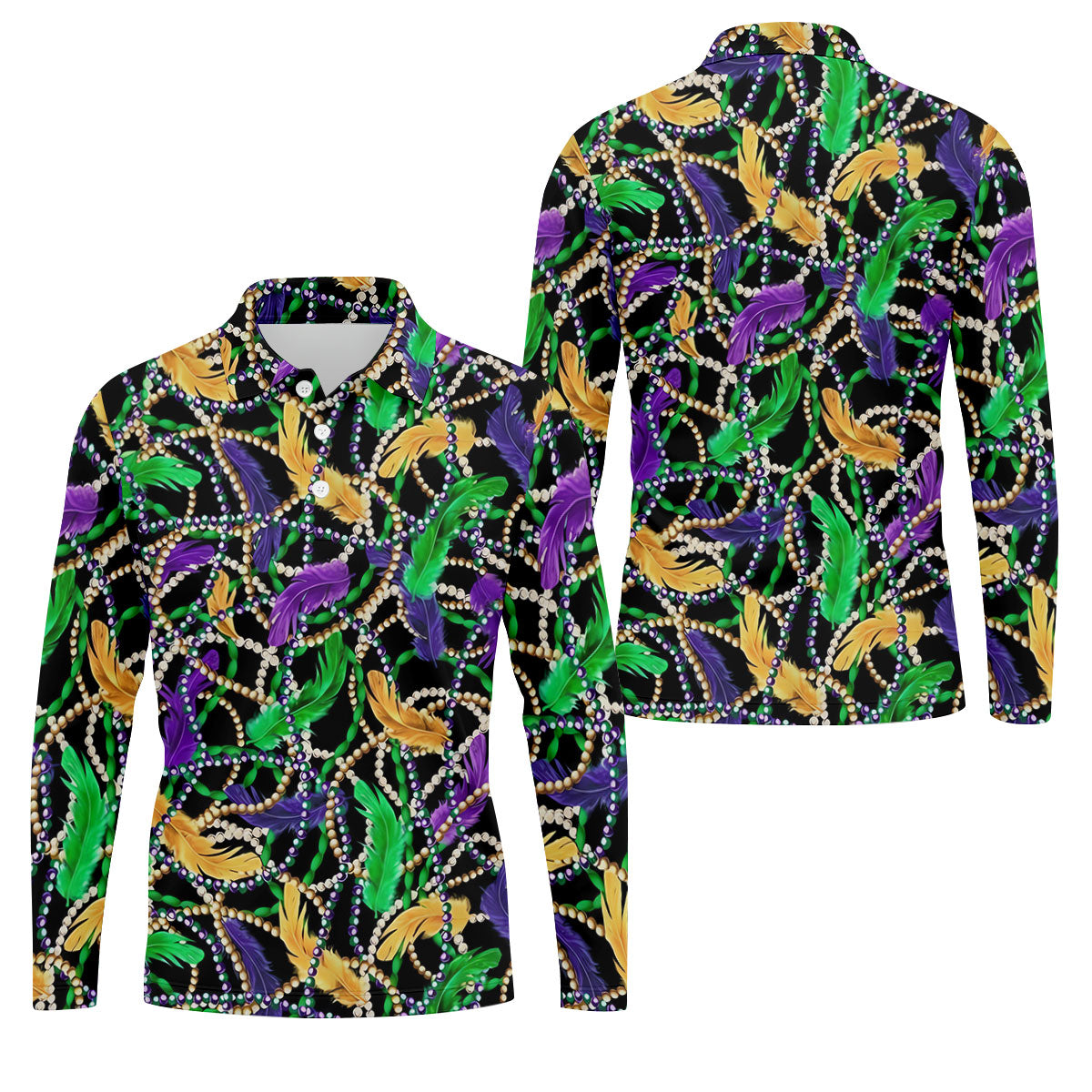 Purple Green Gold Feather Beads Mardi Gras Golf Shirt, Polo ShirtFor Men, Golf Shirts For Men