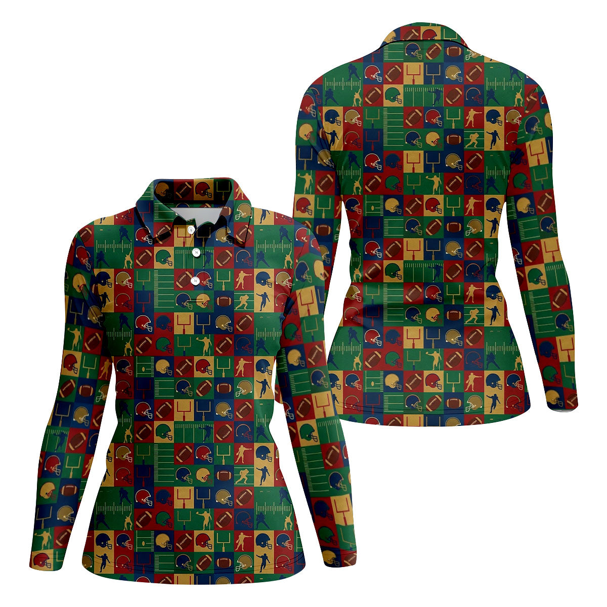 Football Pattern Square Grid Sport Polo, American Football Shirt, Game Day Football Theme Women's Green Polo Shirts