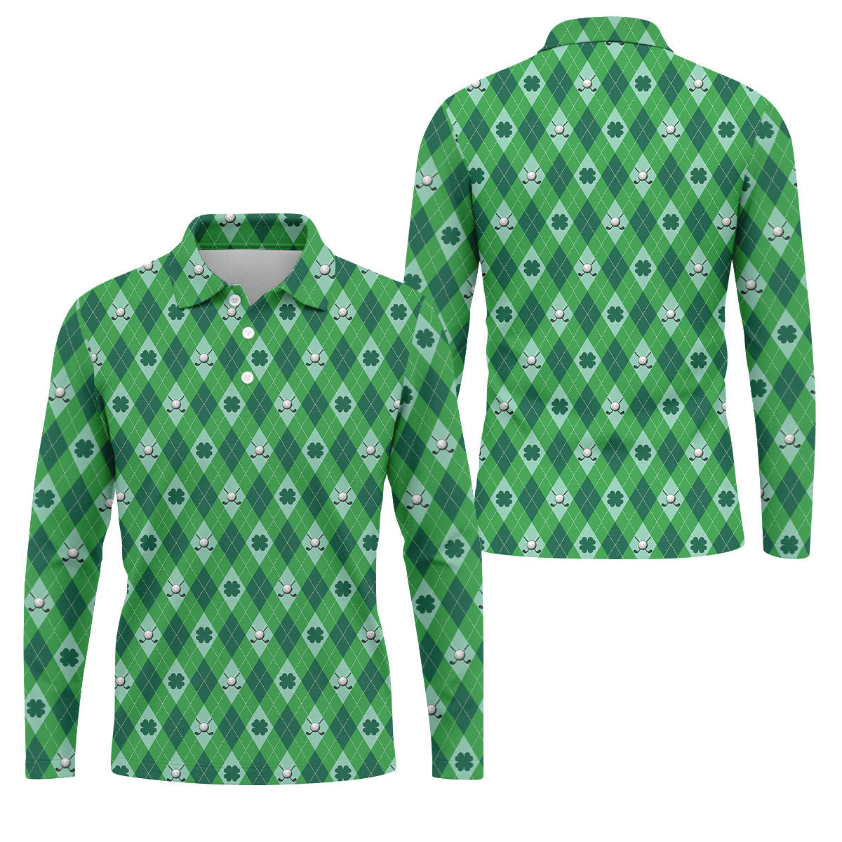 Lucky Four Leaf Clover Golf Ball Pattern Argyle Pattern St Patrick's Day Golf Shirt, Polo ShirtFor Men