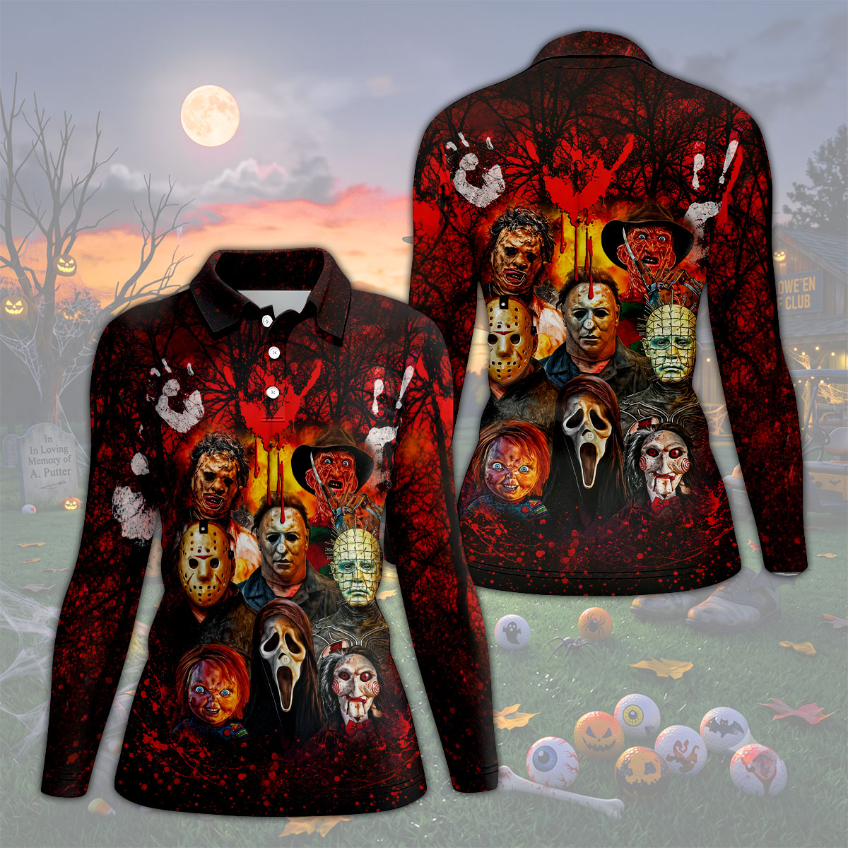 Halloween Horror Character Hawaiian Golf Shirt, Women's Golf Tops, Golf Shirts For Women