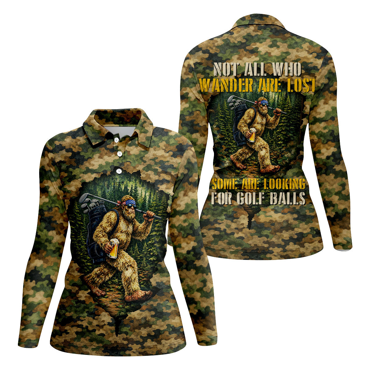 Camo Bigfoot Golfer Drinking Beer Polo Shirt, Golf Shirts For Women, Women’s Golf Apparel
