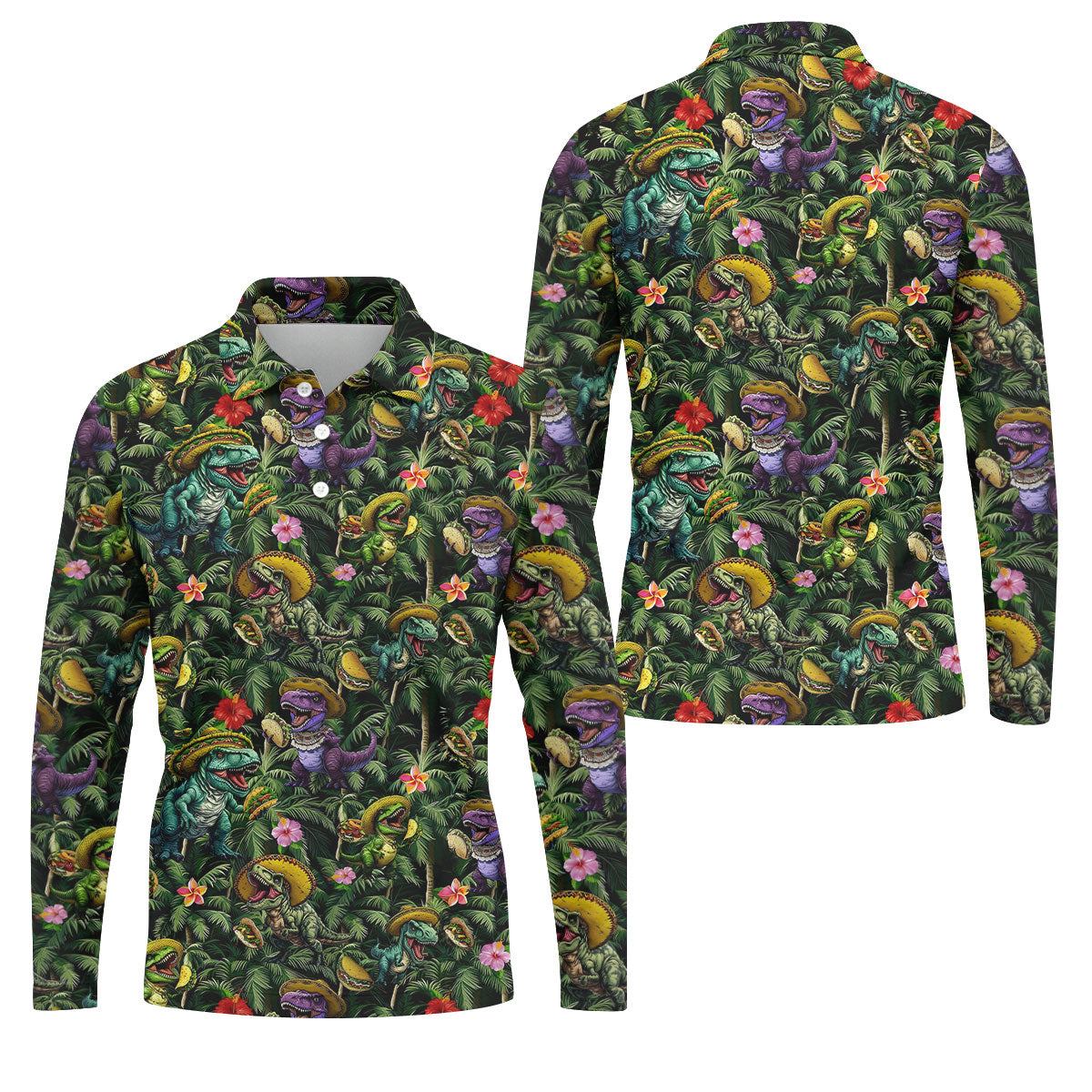 Hawaiian Dinosaur Sombreros Tacos Cinco De Mayo Celebration Fiesta Themed Golf Shirts For Men