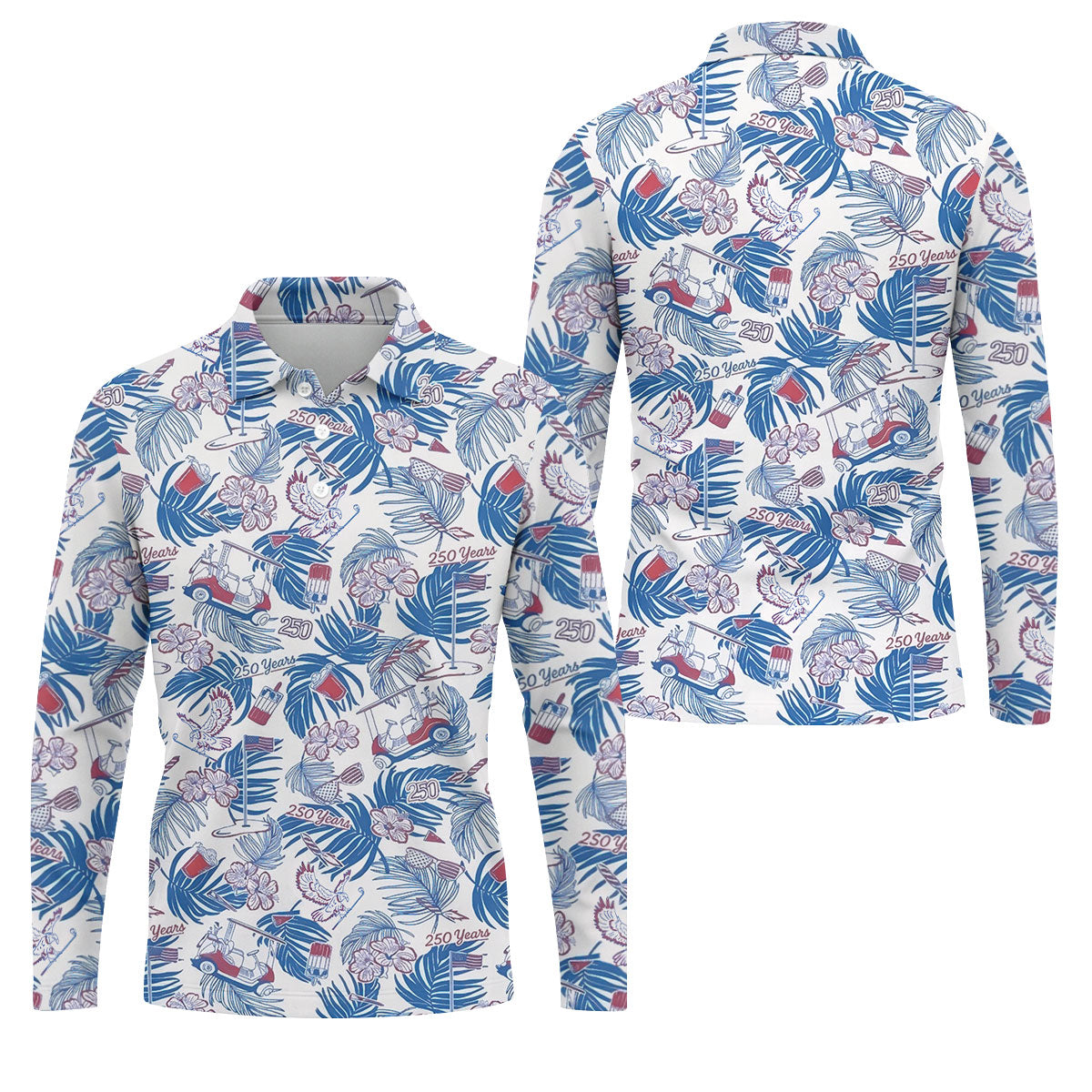 250 Years Red White Blue Tropical Floral Patriotic Golf Shirt, 4th Of July Golf Shirts For Men