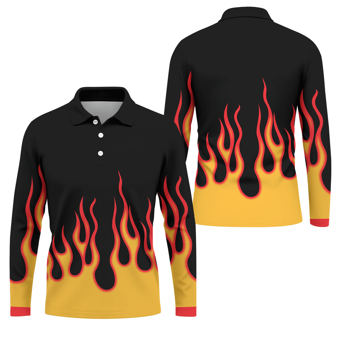 Black Red Yellow Flame Sleeve Golf Shirt, Hawaiian Golf Shirt, Mens Golf Shirts