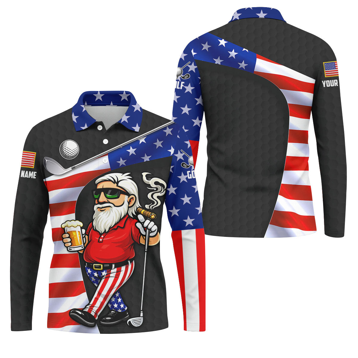 Golf And Beer Patriotic Man Golf Ball Pattern 4th Of July Black Golf Shirt, 250th Anniversary Golf Shirts For Men