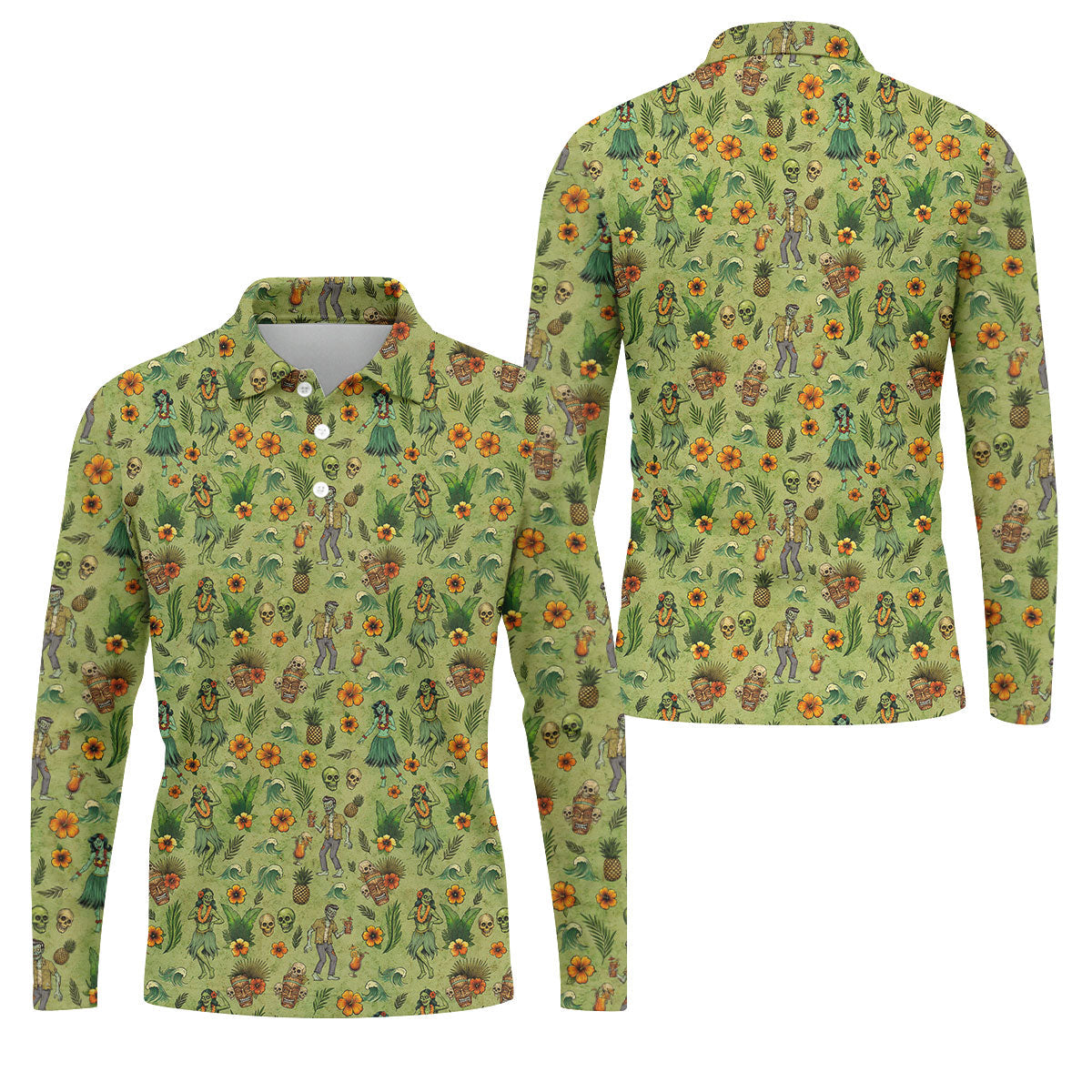 Tiki Zombie Hawaiian Golf Shirt, Hula Dancer Skull Pattern, Polo Shirts For Men