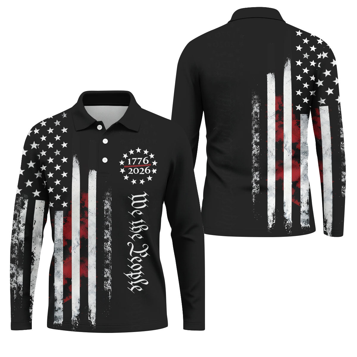 We The People Distressed Flag Patriotic Black Golf Shirt, 250 Years 4th Of July Golf Shirts For Men
