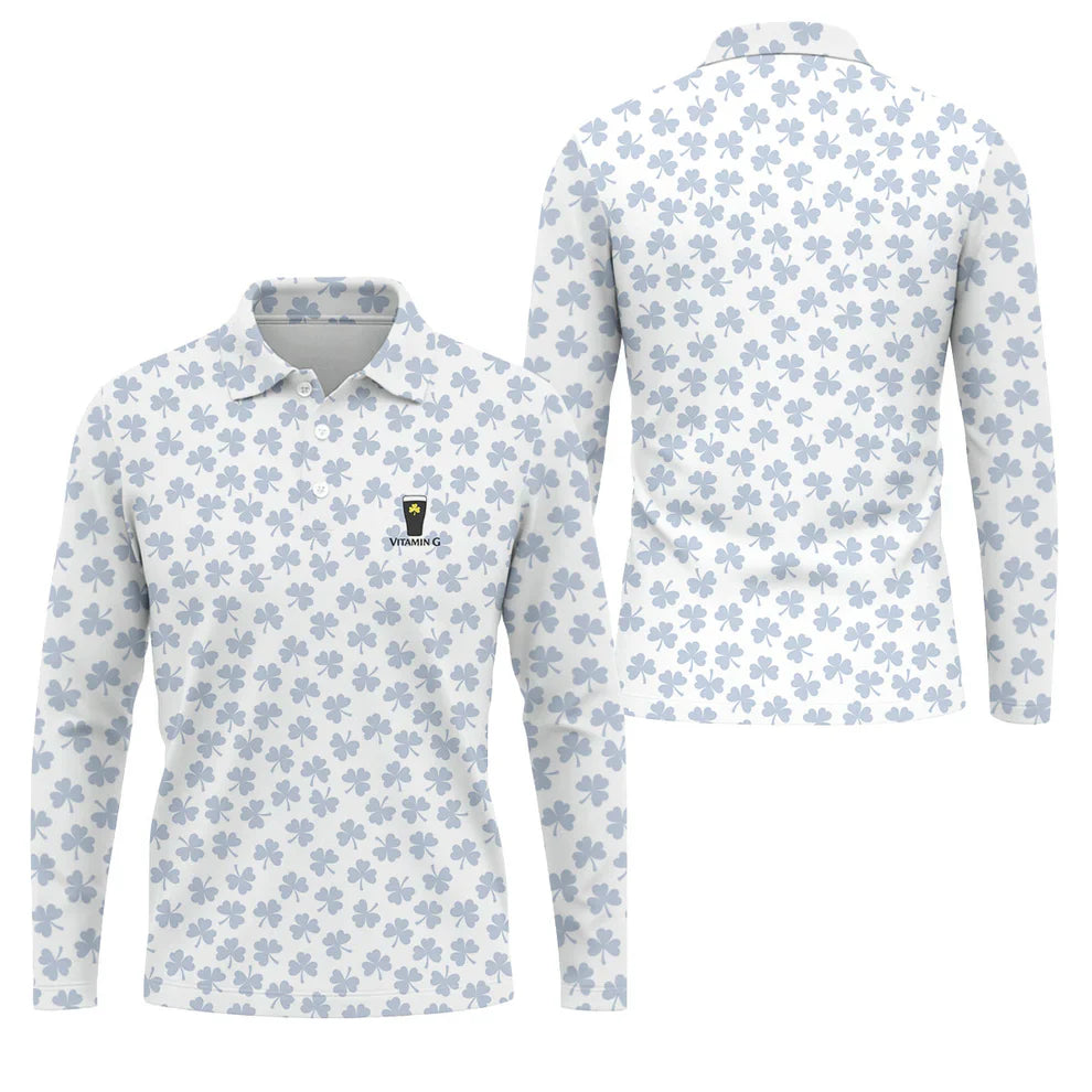 Vitamin G Shamrock Pattern Golf And Beer White Golf Shirt, St Patrick's Day Golf Shirt, Polo Shirts For Men