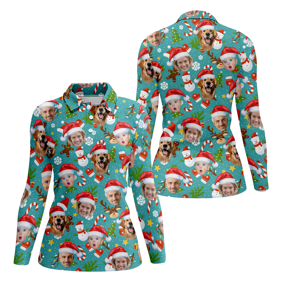 Custom Face Cute Christmas Pattern Teal Golf Shirt, Christmas Golf Shirt, Golf Gifts For Women