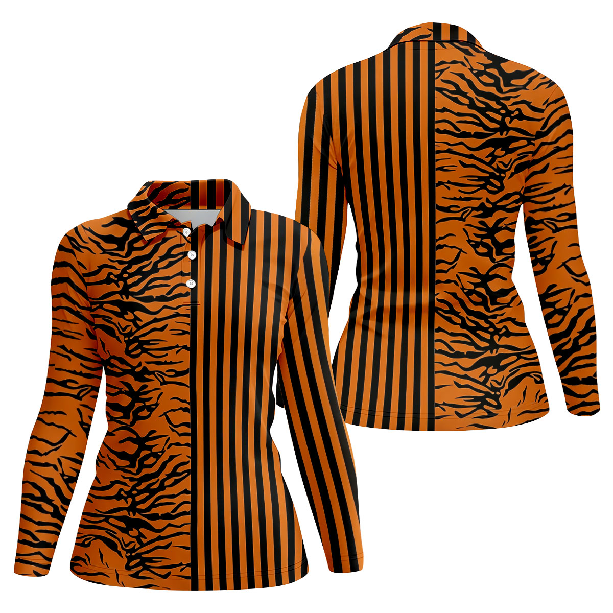 Orange Tiger Stripe Split Pattern Golf Shirt, Women's Golf Tops, Ladies Golf Shirts, Printed Golf Shirt
